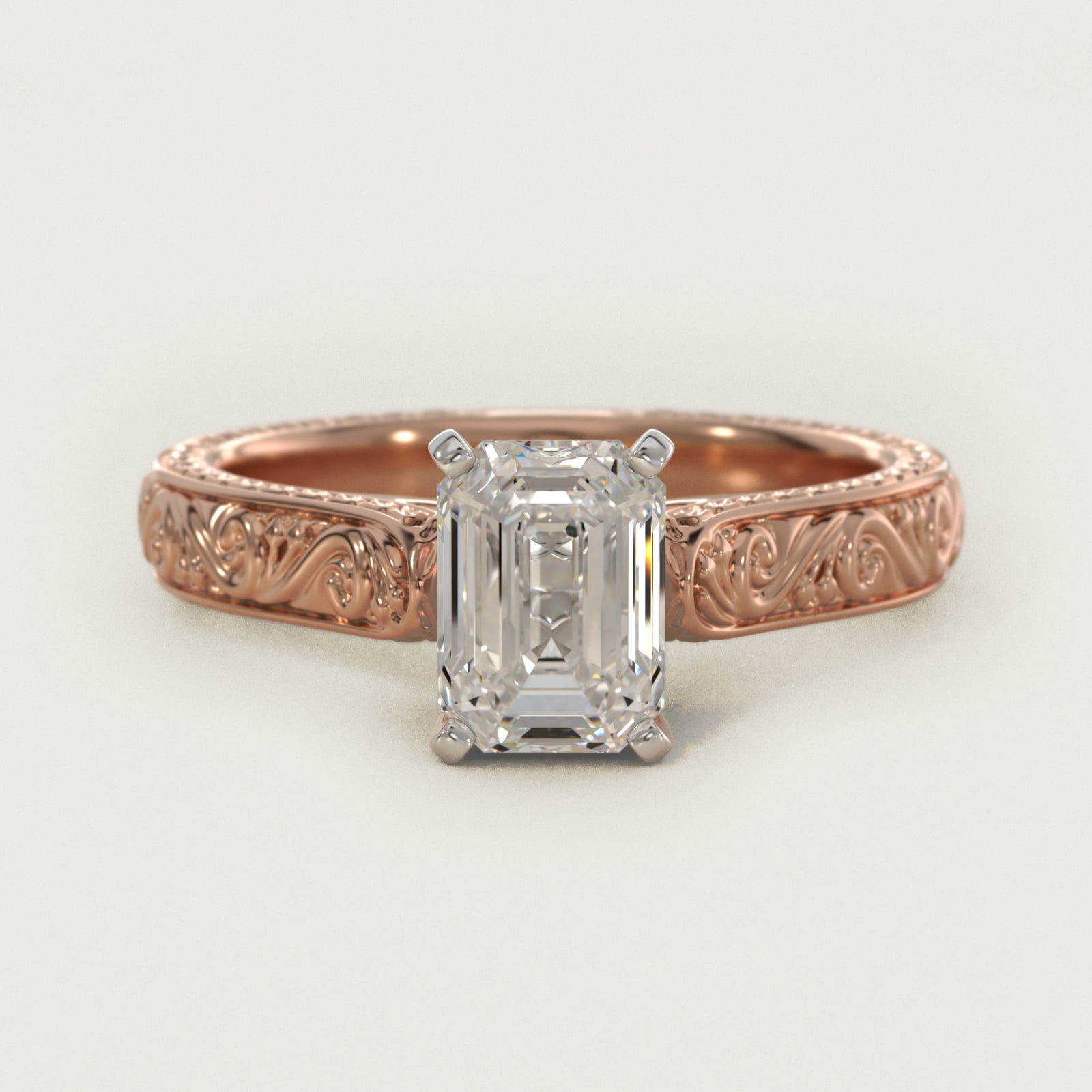 Hand-Engraved Solitaire Engagement Ring in 14k Rose Gold - Emerald Center