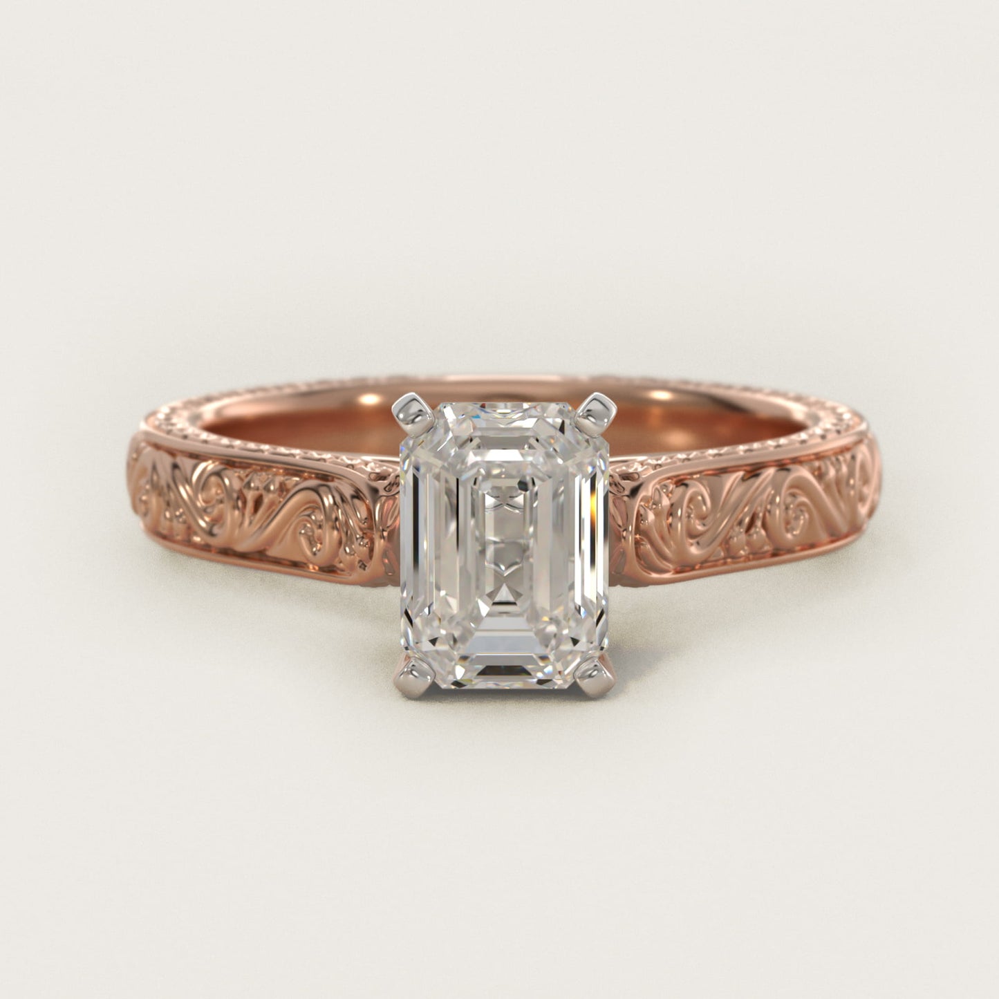 Hand-Engraved Solitaire Engagement Ring in 18k Rose Gold - Emerald Center