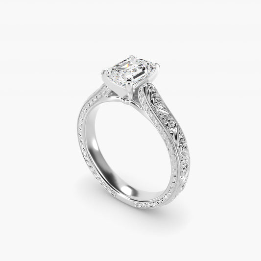 Hand-Engraved Solitaire Engagement Ring in 14K White Gold - Emerald Center