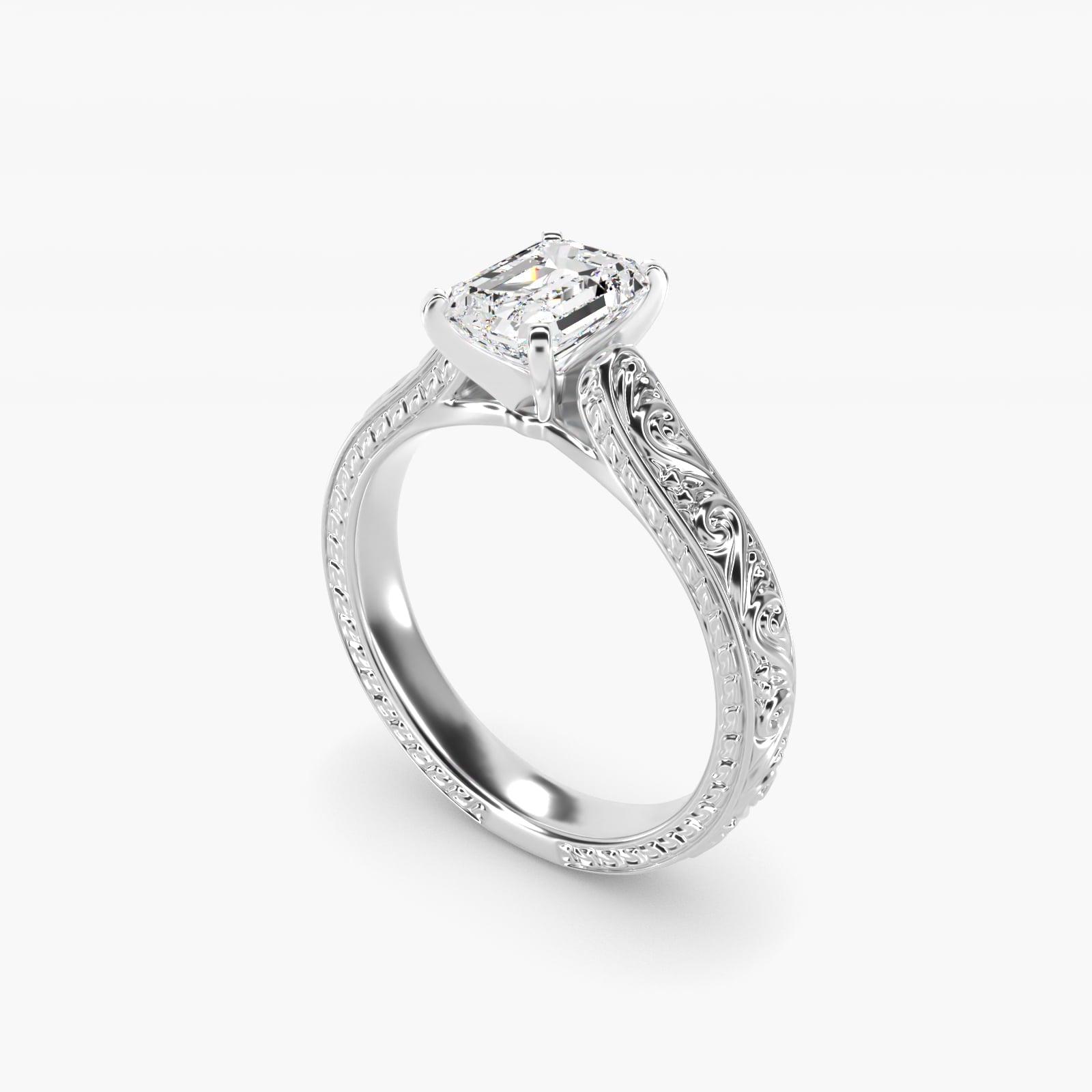 Hand-Engraved Solitaire Engagement Ring in 18k White Gold - Emerald Center