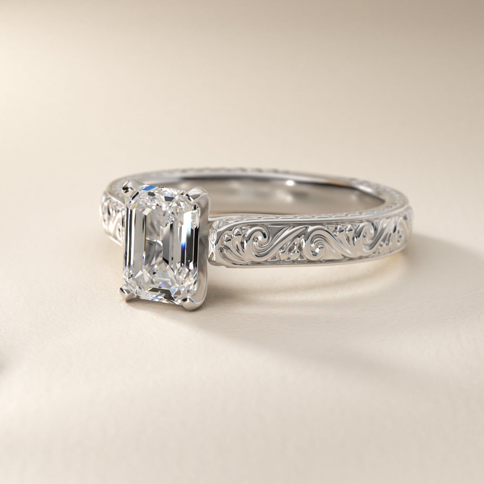 Hand-Engraved Solitaire Engagement Ring in 18k White Gold - Emerald Center