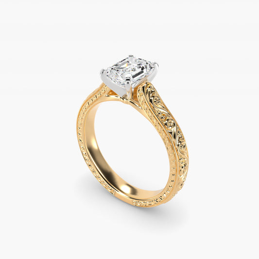 Hand-Engraved Solitaire Engagement Ring in 18k Yellow Gold - Emerald Center