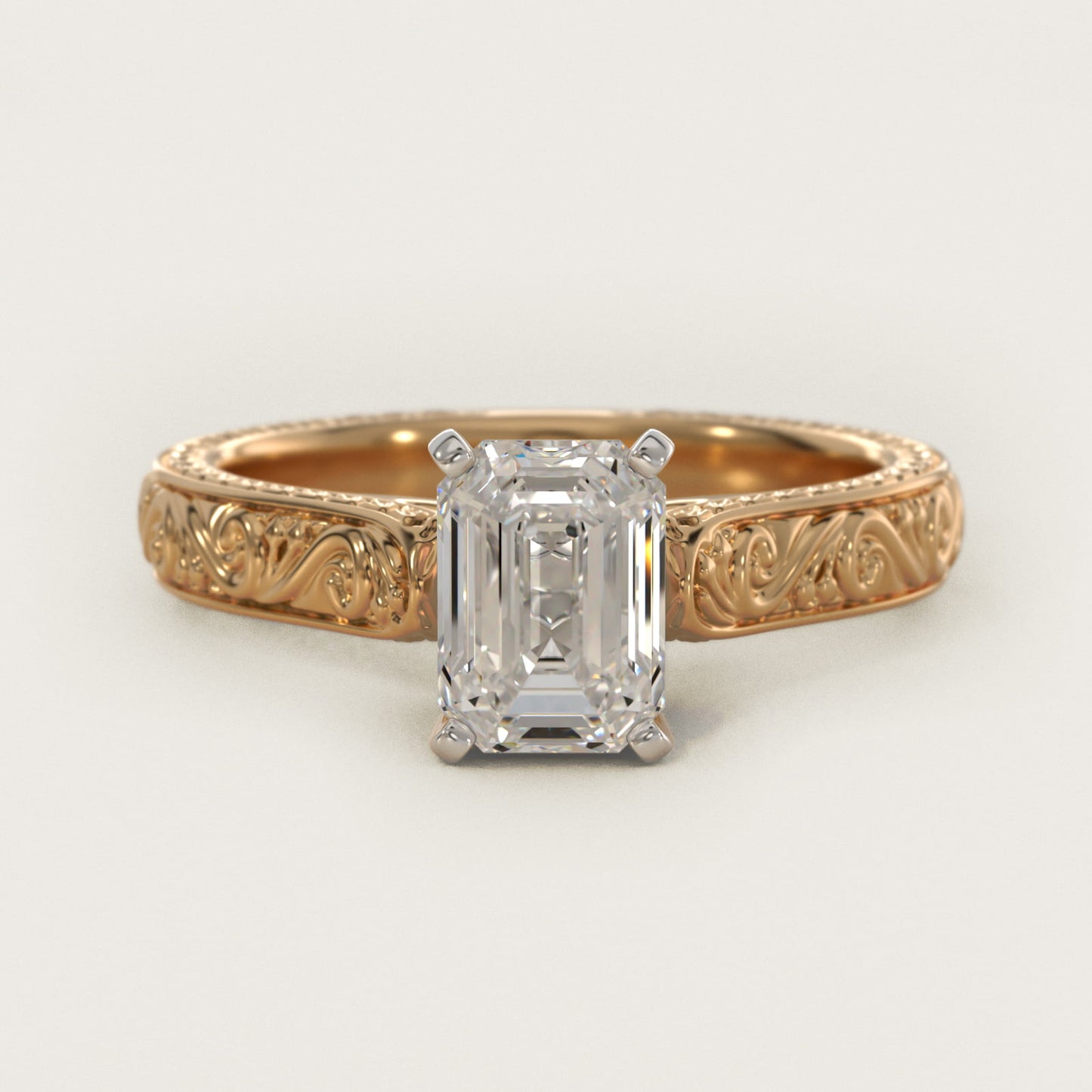Hand-Engraved Solitaire Engagement Ring in 14K Yellow Gold - Emerald Center