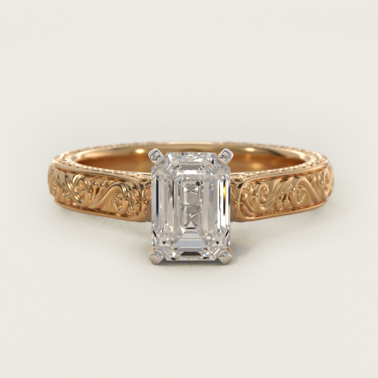 Hand-Engraved Solitaire Engagement Ring in 18k Yellow Gold - Emerald Center