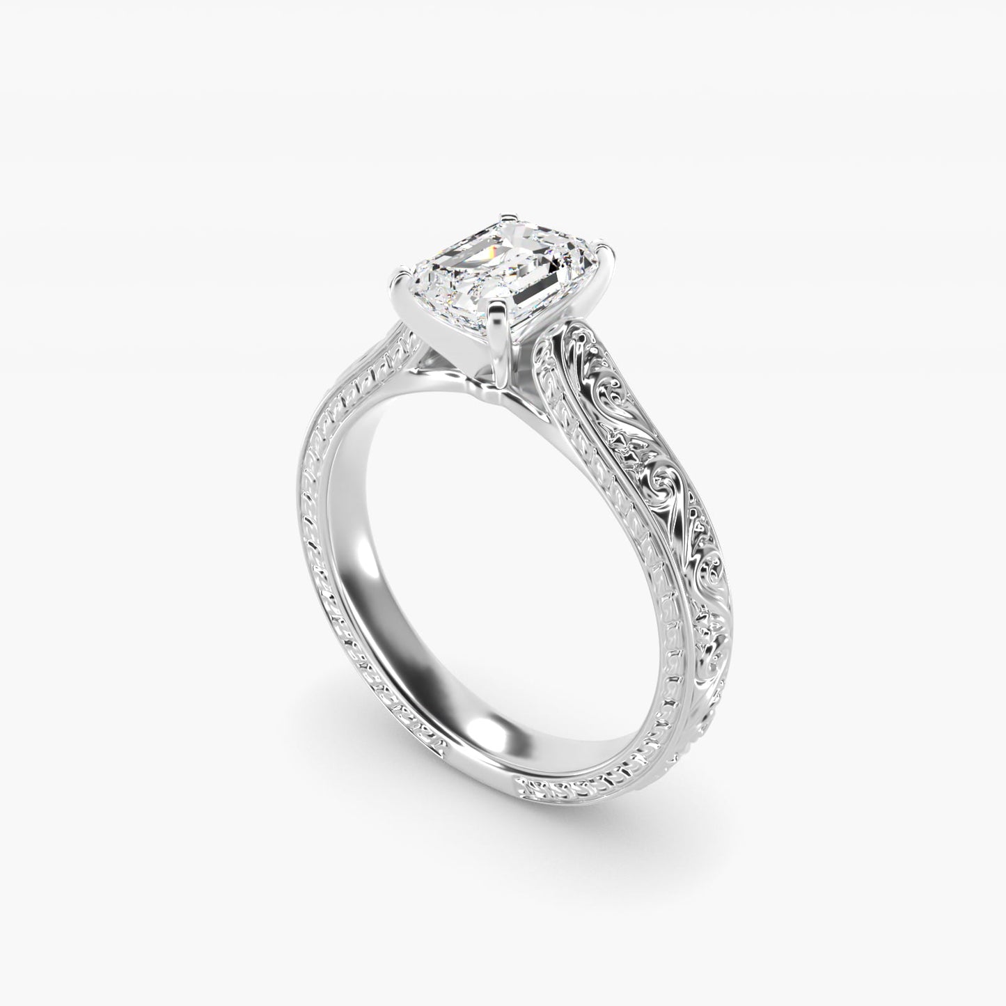 Hand-Engraved Solitaire Engagement Ring in Platinum - Emerald Center