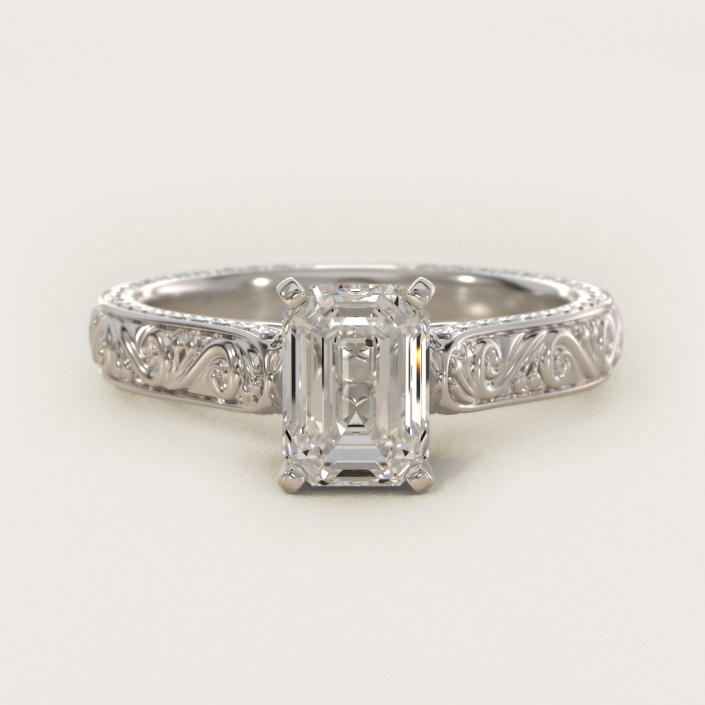 Hand-Engraved Solitaire Engagement Ring in Platinum - Emerald Center