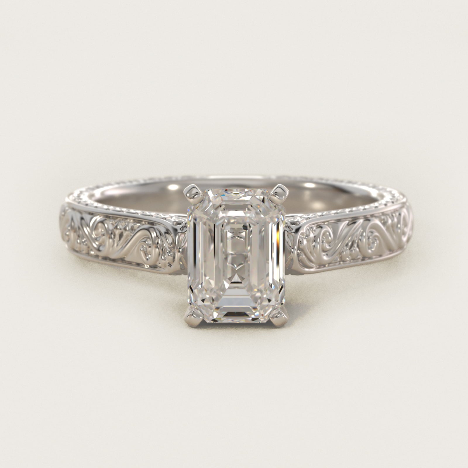 Hand-Engraved Solitaire Engagement Ring in Platinum - Emerald Center