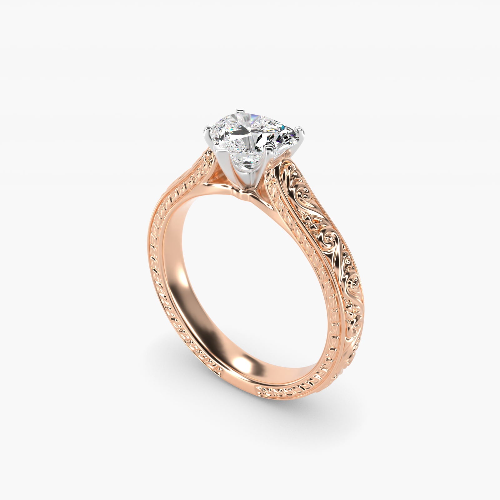 Hand-Engraved Solitaire Engagement Ring in 14k Rose Gold - Heart Center
