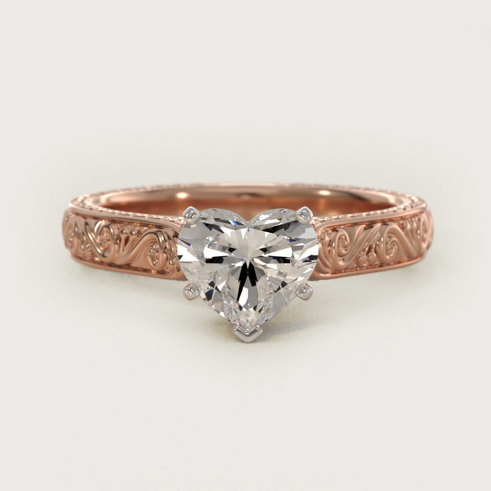 Hand-Engraved Solitaire Engagement Ring in 18k Rose Gold - Heart Center
