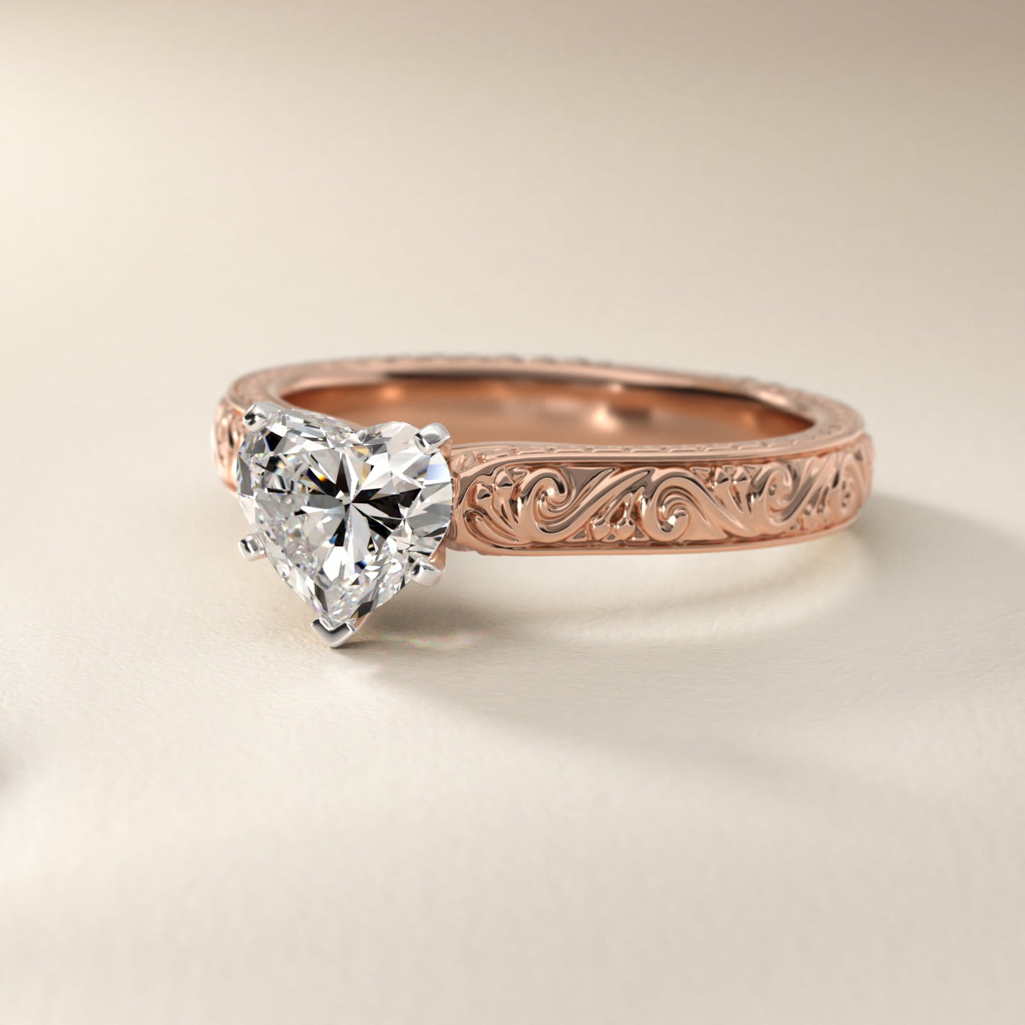 Hand-Engraved Solitaire Engagement Ring in 18k Rose Gold - Heart Center