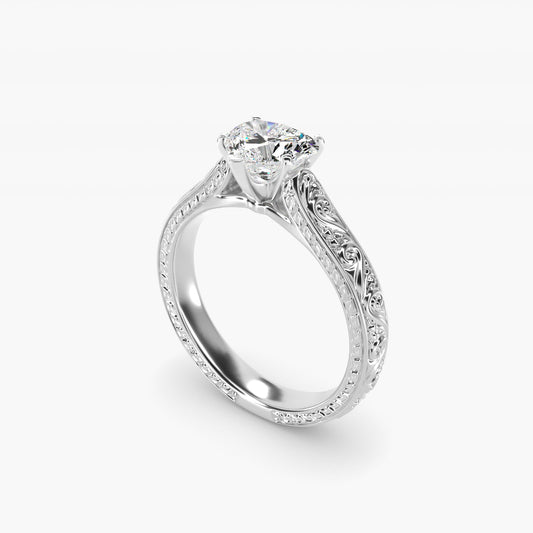Hand-Engraved Solitaire Engagement Ring in 14K White Gold - Heart Center