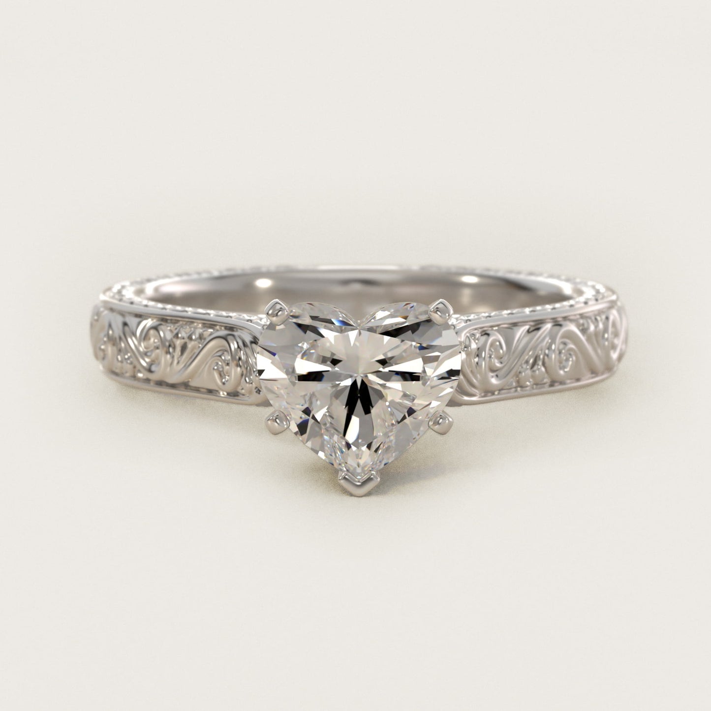 Hand-Engraved Solitaire Engagement Ring in 18k White Gold - Heart Center
