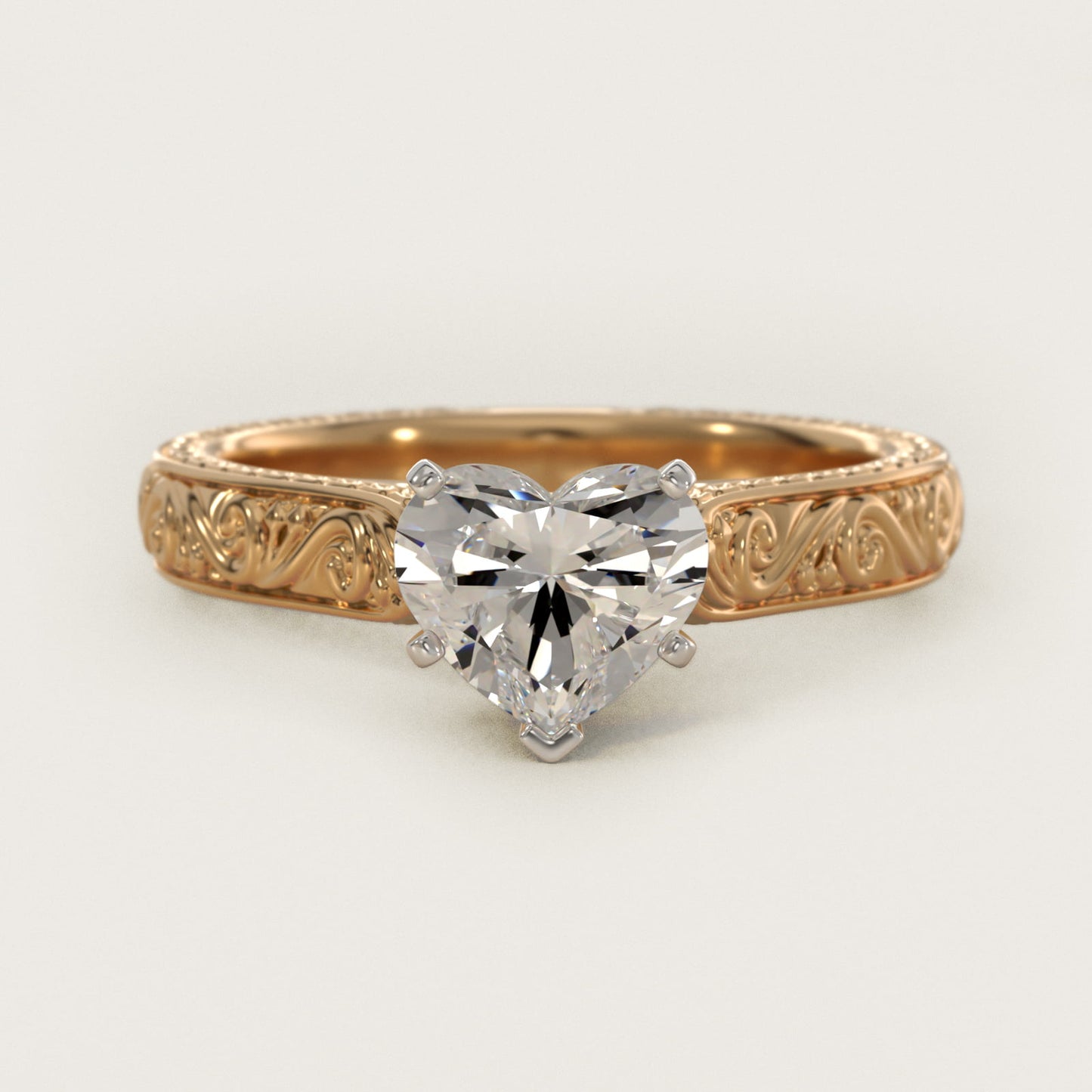 Hand-Engraved Solitaire Engagement Ring in 14K Yellow Gold - Heart Center