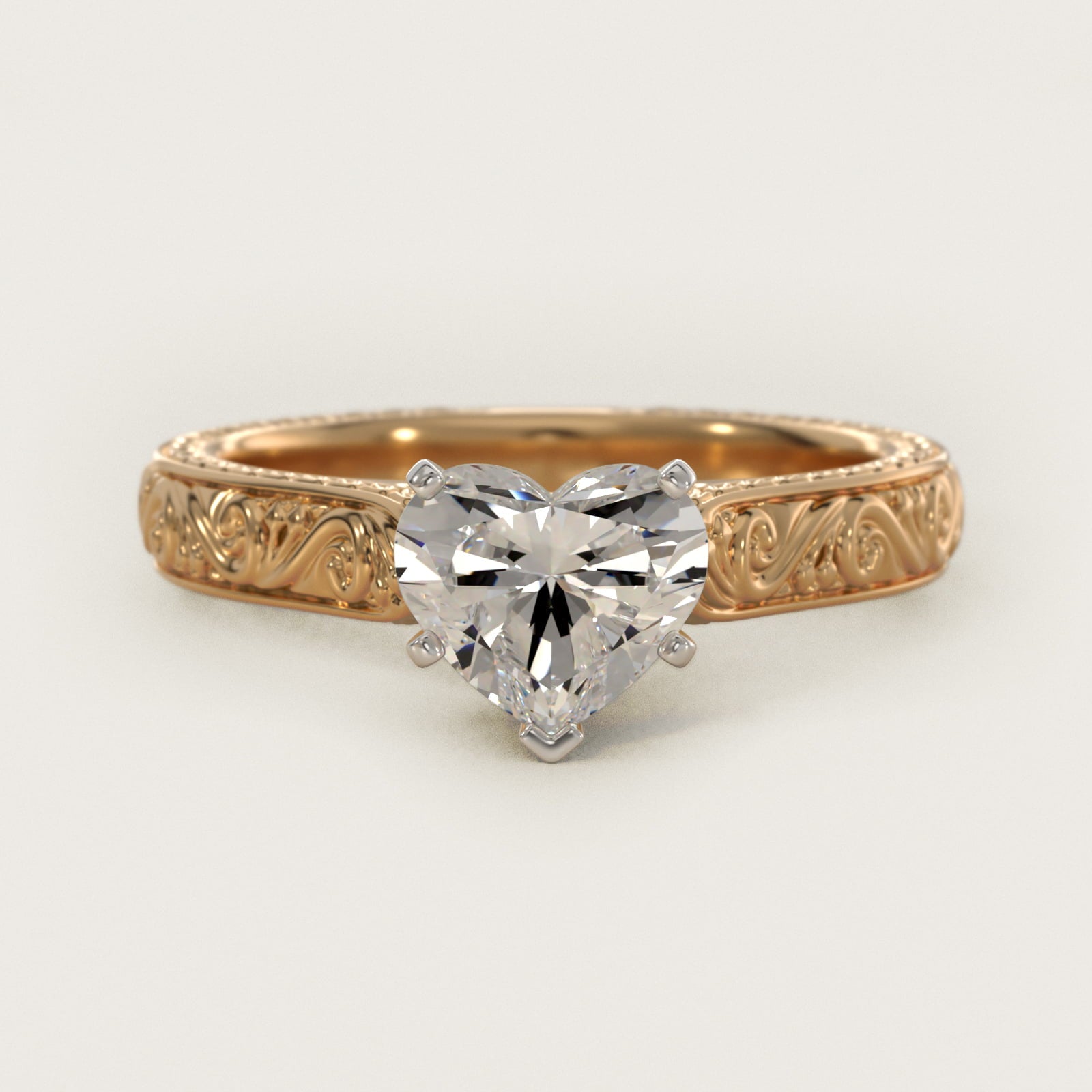 Hand-Engraved Solitaire Engagement Ring in 18k Yellow Gold - Heart Center