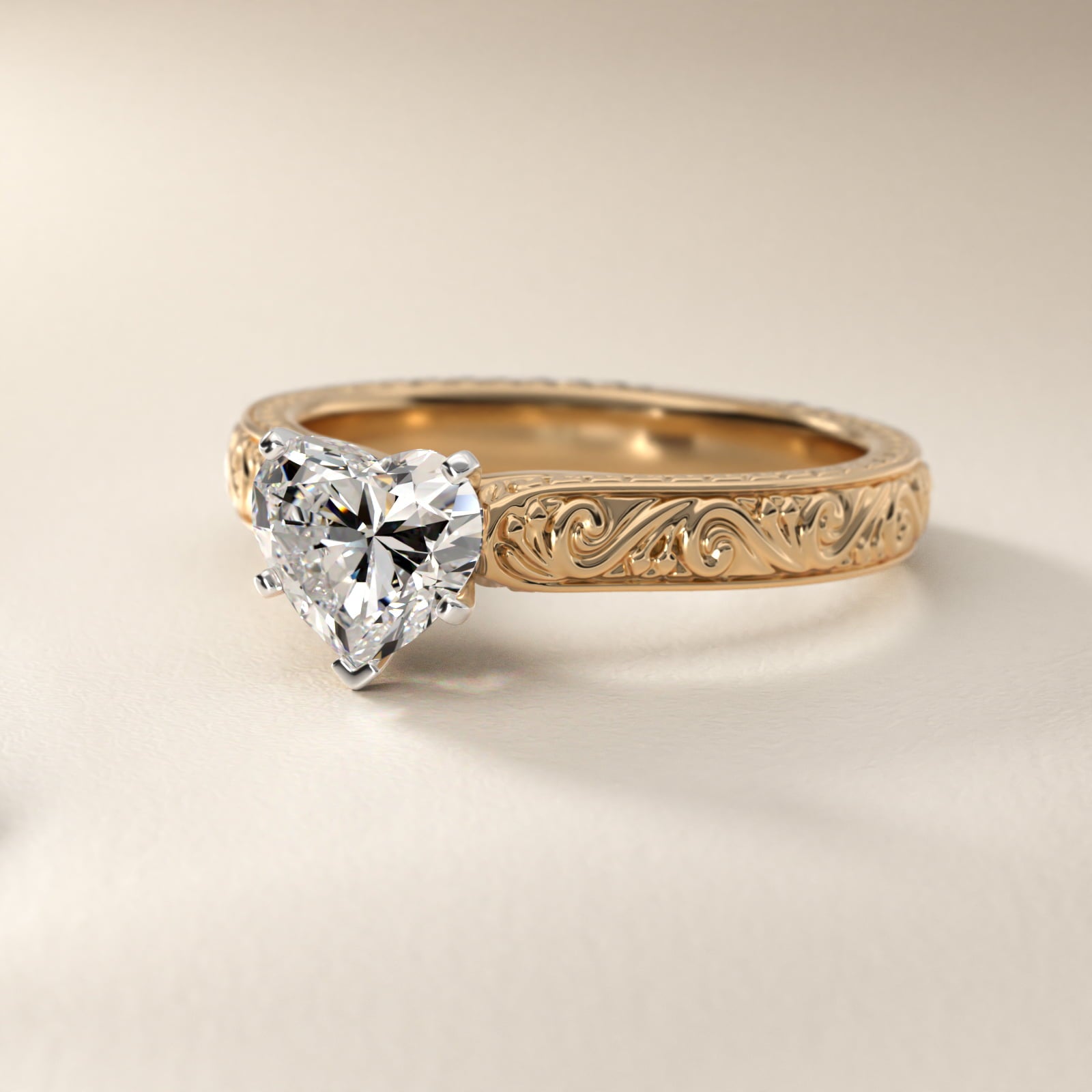 Hand-Engraved Solitaire Engagement Ring in 14K Yellow Gold - Heart Center