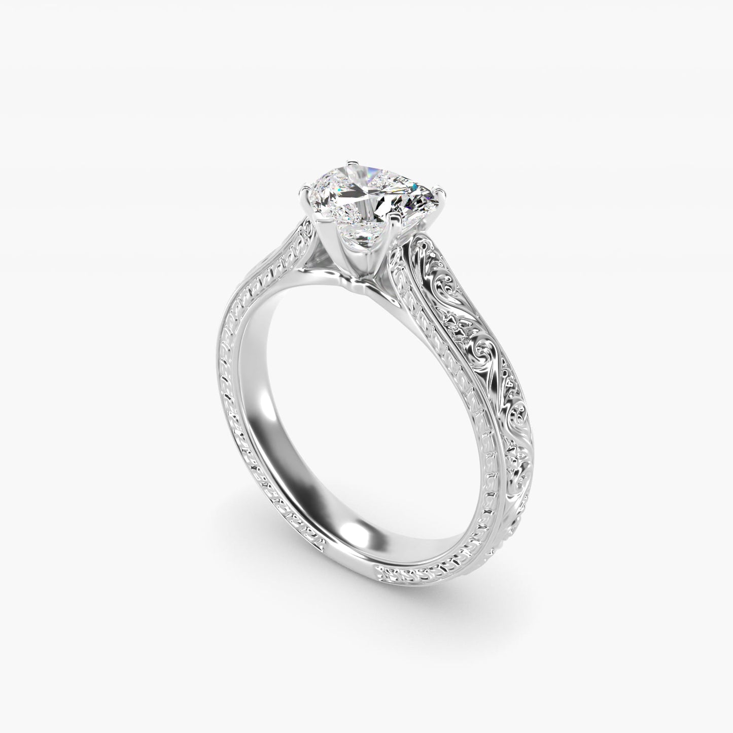 Hand-Engraved Solitaire Engagement Ring in Platinum - Heart Center