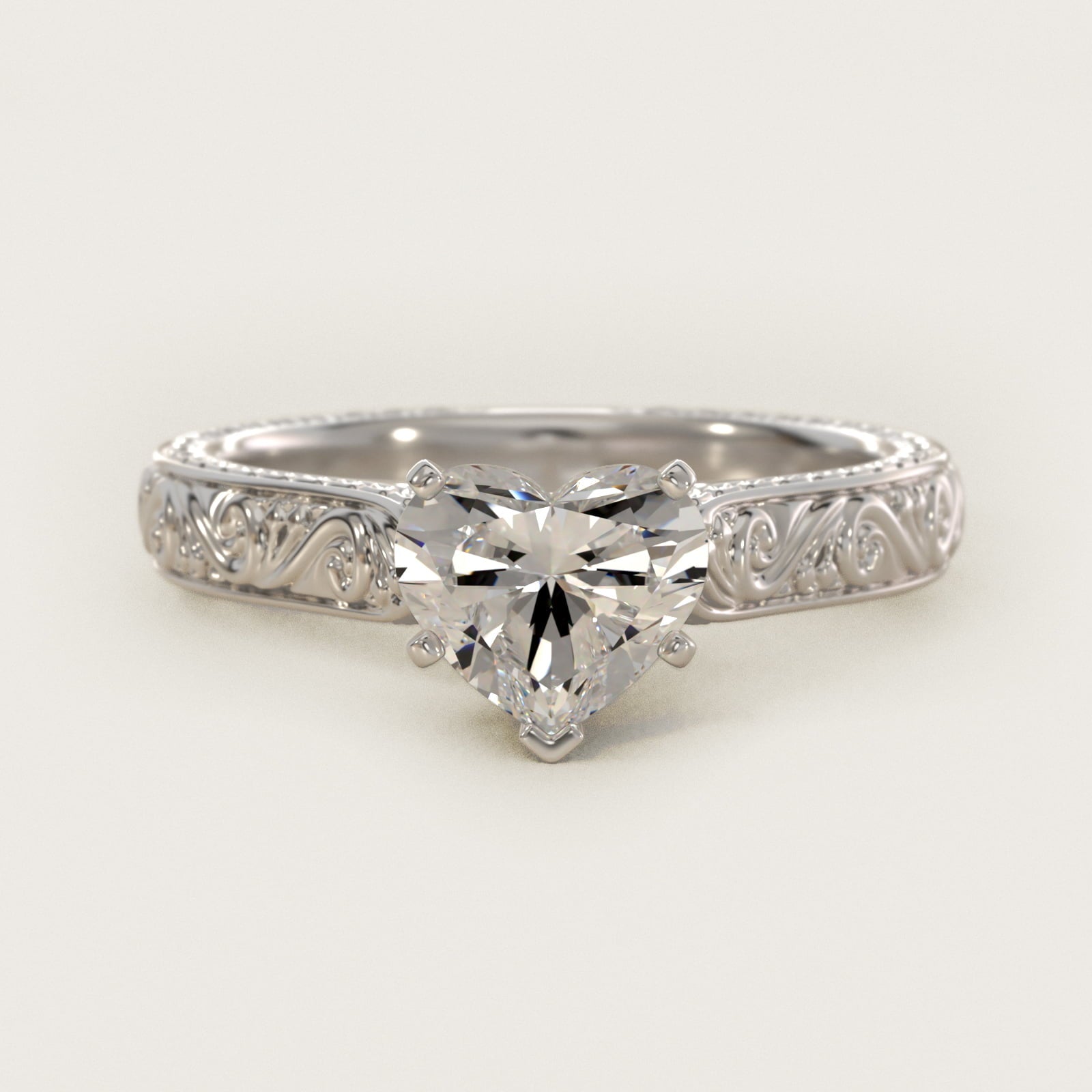 Hand-Engraved Solitaire Engagement Ring in Platinum - Heart Center