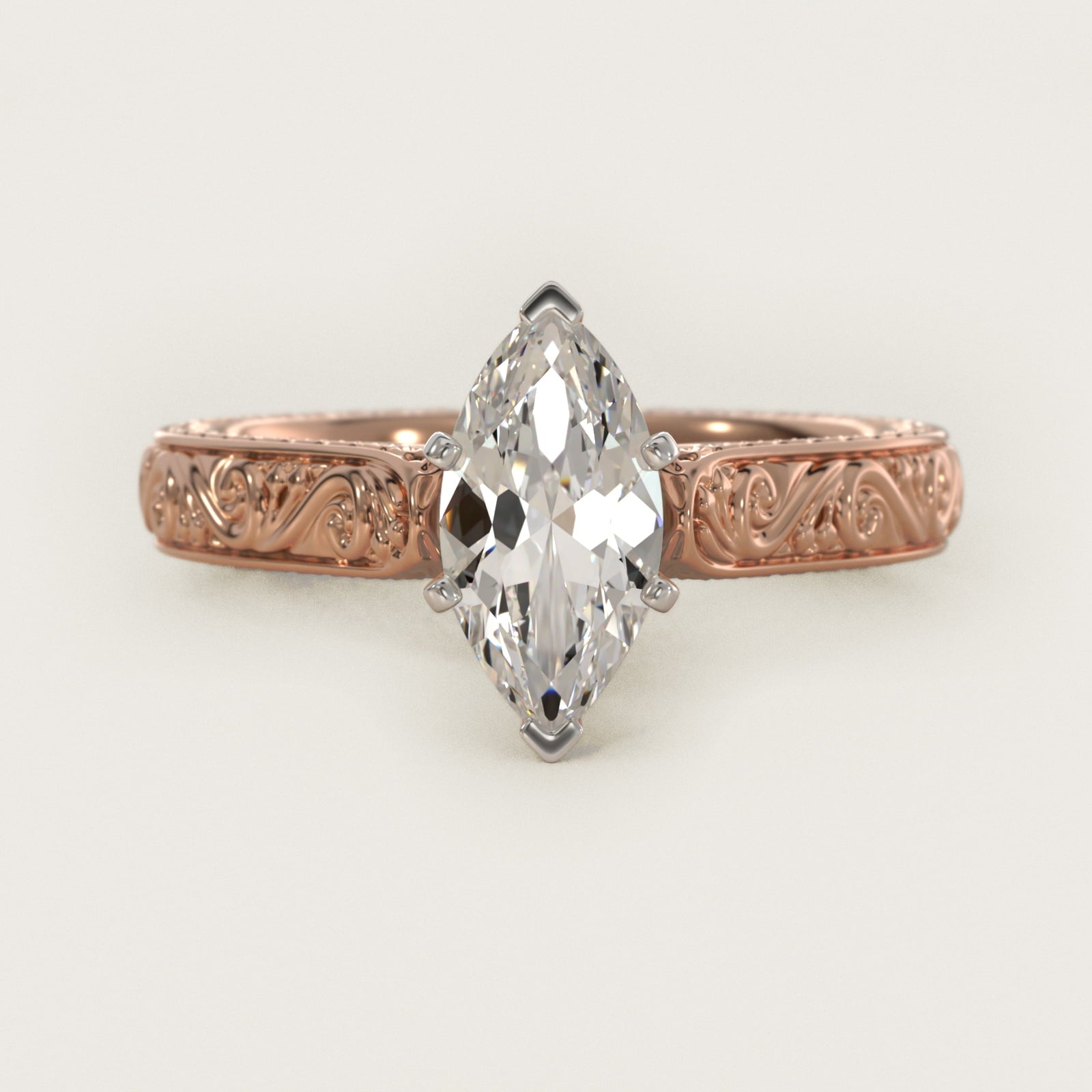 Hand-Engraved Solitaire Engagement Ring in 14k Rose Gold - Marquise Center