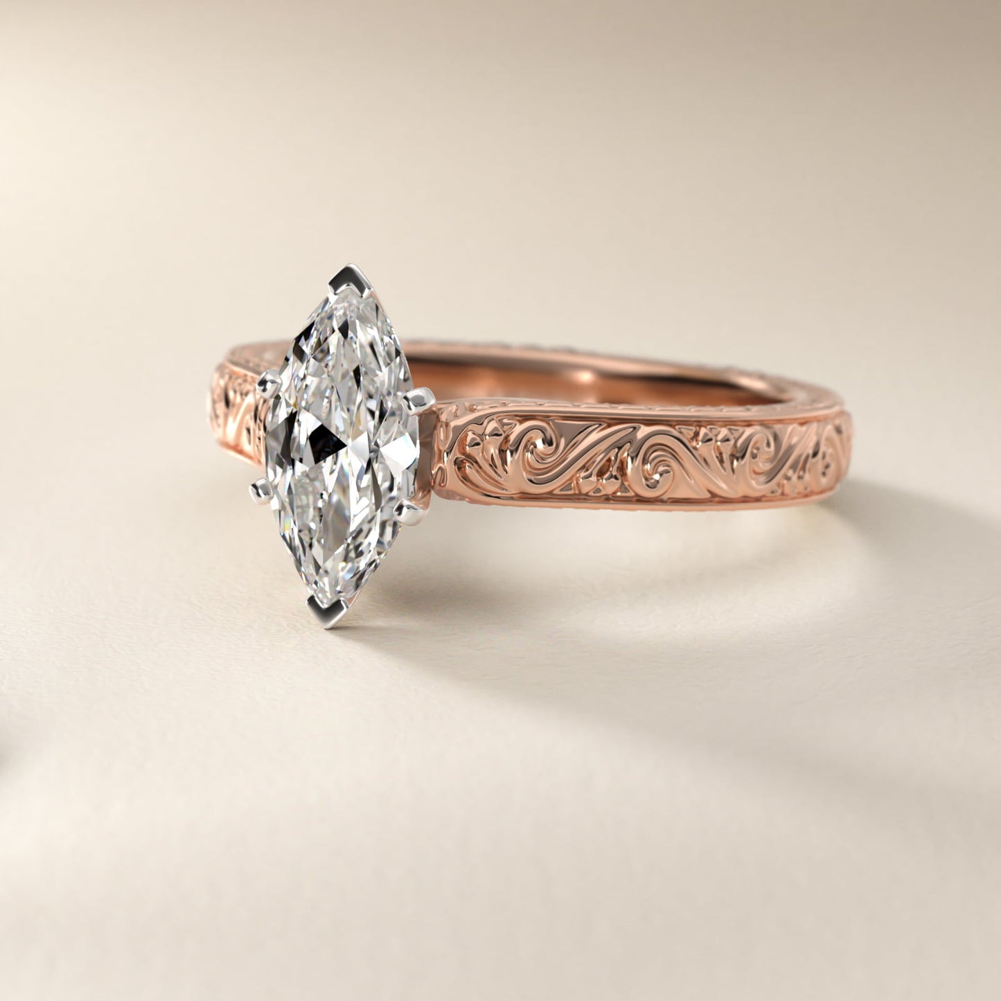 Hand-Engraved Solitaire Engagement Ring in 14k Rose Gold - Marquise Center