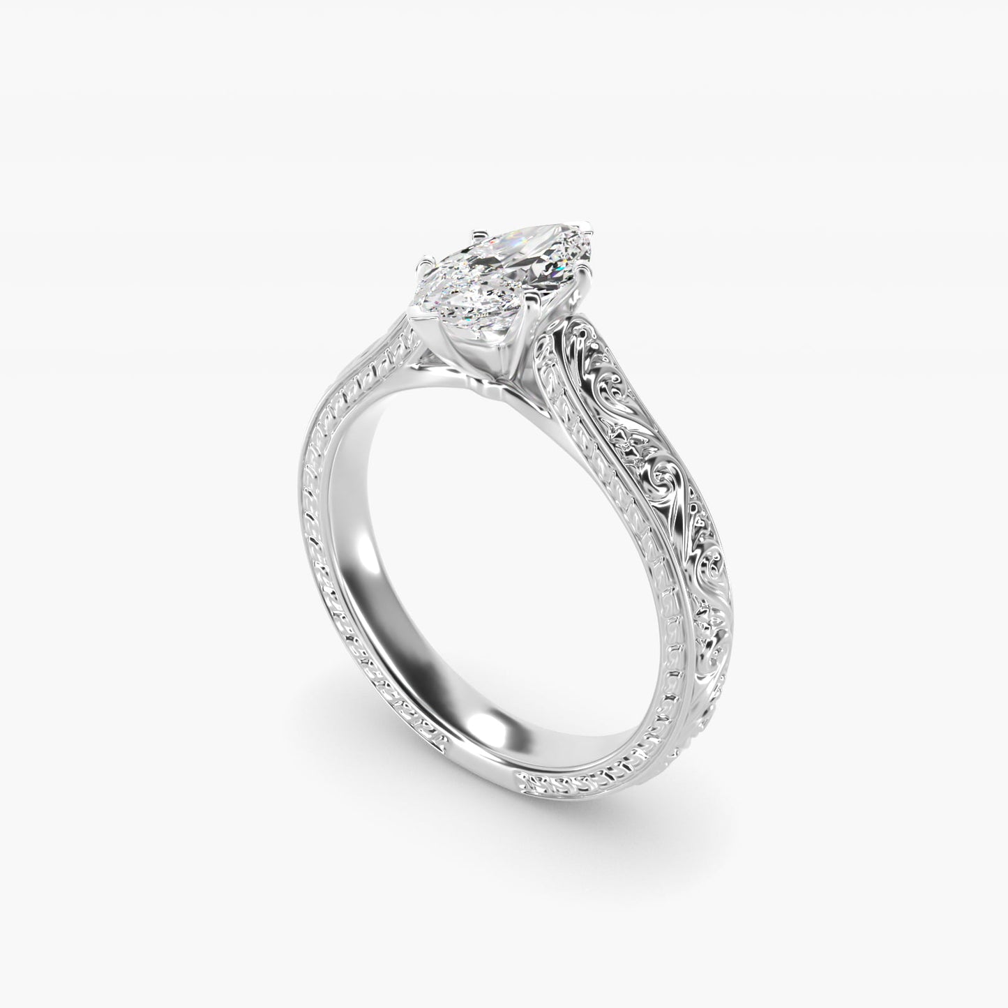 Hand-Engraved Solitaire Engagement Ring in 14K White Gold - Marquise Center
