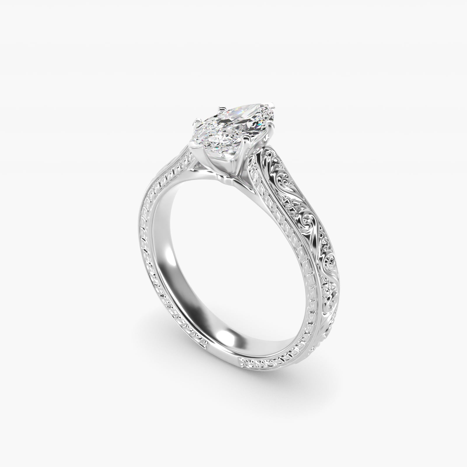 Hand-Engraved Solitaire Engagement Ring in 14K White Gold - Marquise Center