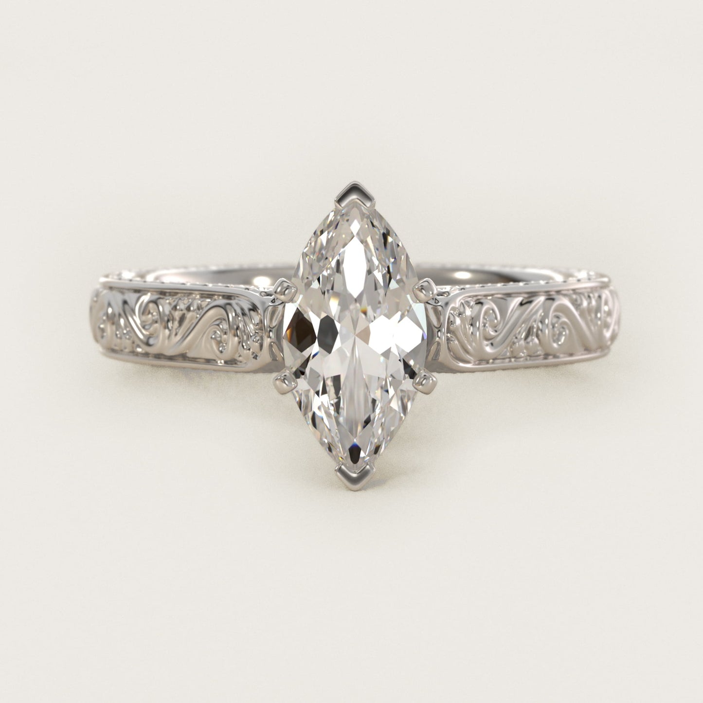 Hand-Engraved Solitaire Engagement Ring in 18k White Gold - Marquise Center