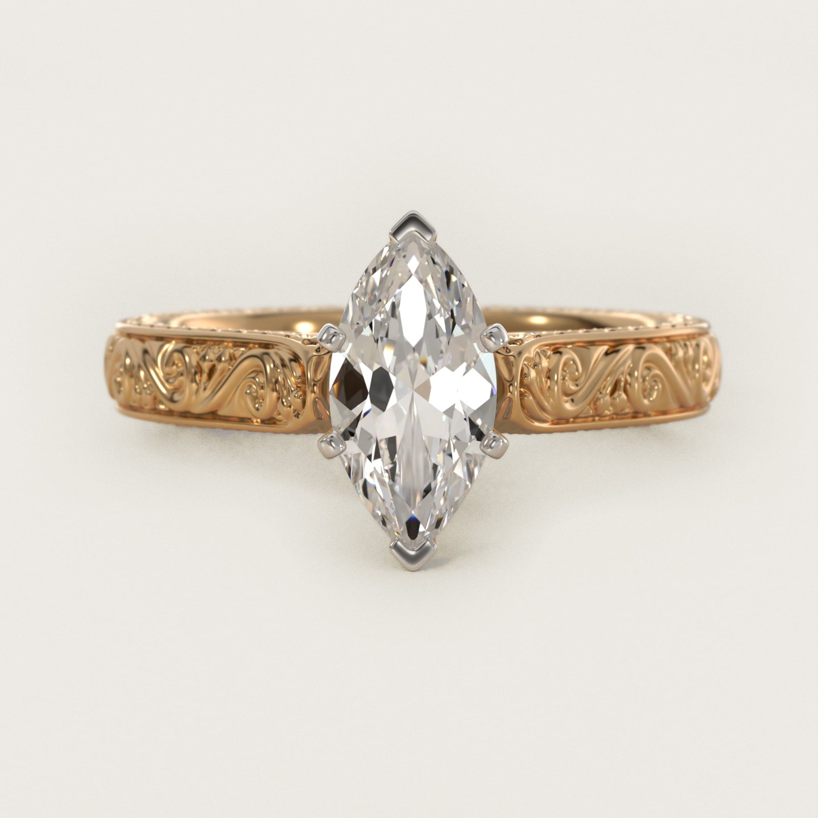 Hand-Engraved Solitaire Engagement Ring in 14K Yellow Gold - Marquise Center
