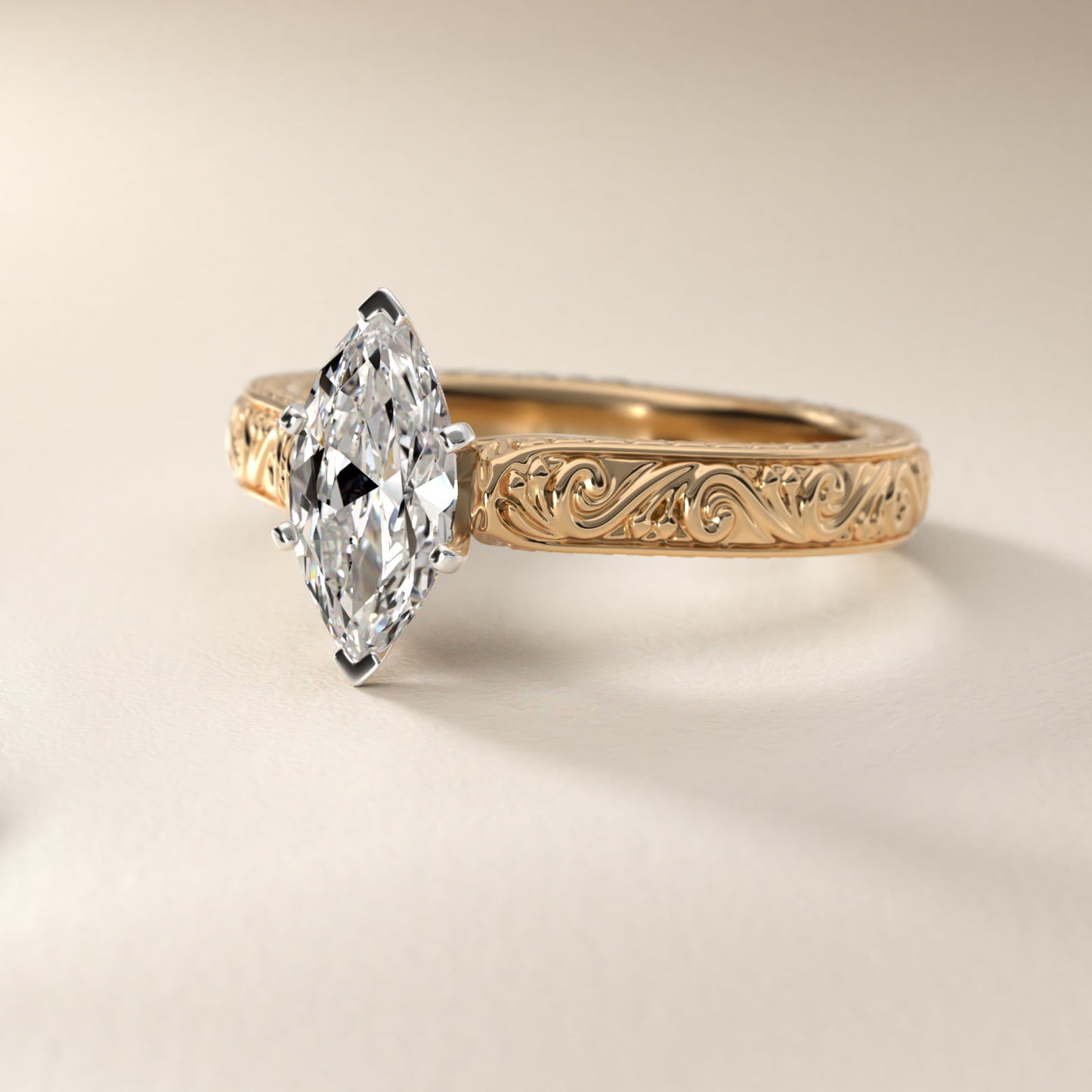 Hand-Engraved Solitaire Engagement Ring in 14K Yellow Gold - Marquise Center