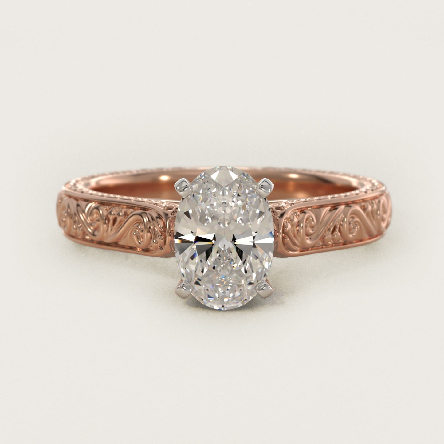 Hand-Engraved Solitaire Engagement Ring in 14k Rose Gold - Oval Center