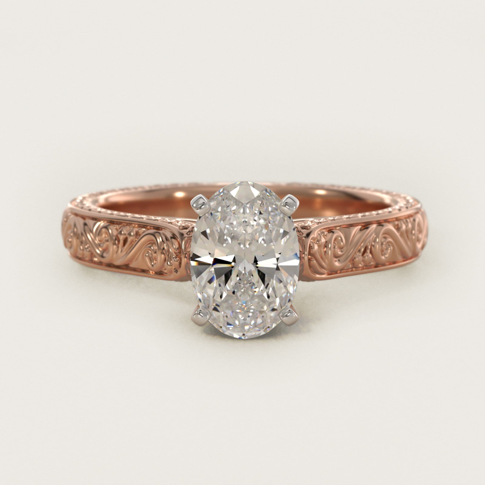 Hand-Engraved Solitaire Engagement Ring in 18k Rose Gold - Oval Center