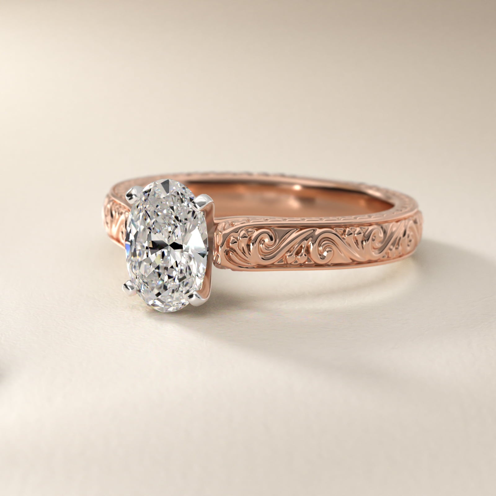 Hand-Engraved Solitaire Engagement Ring in 14k Rose Gold - Oval Center