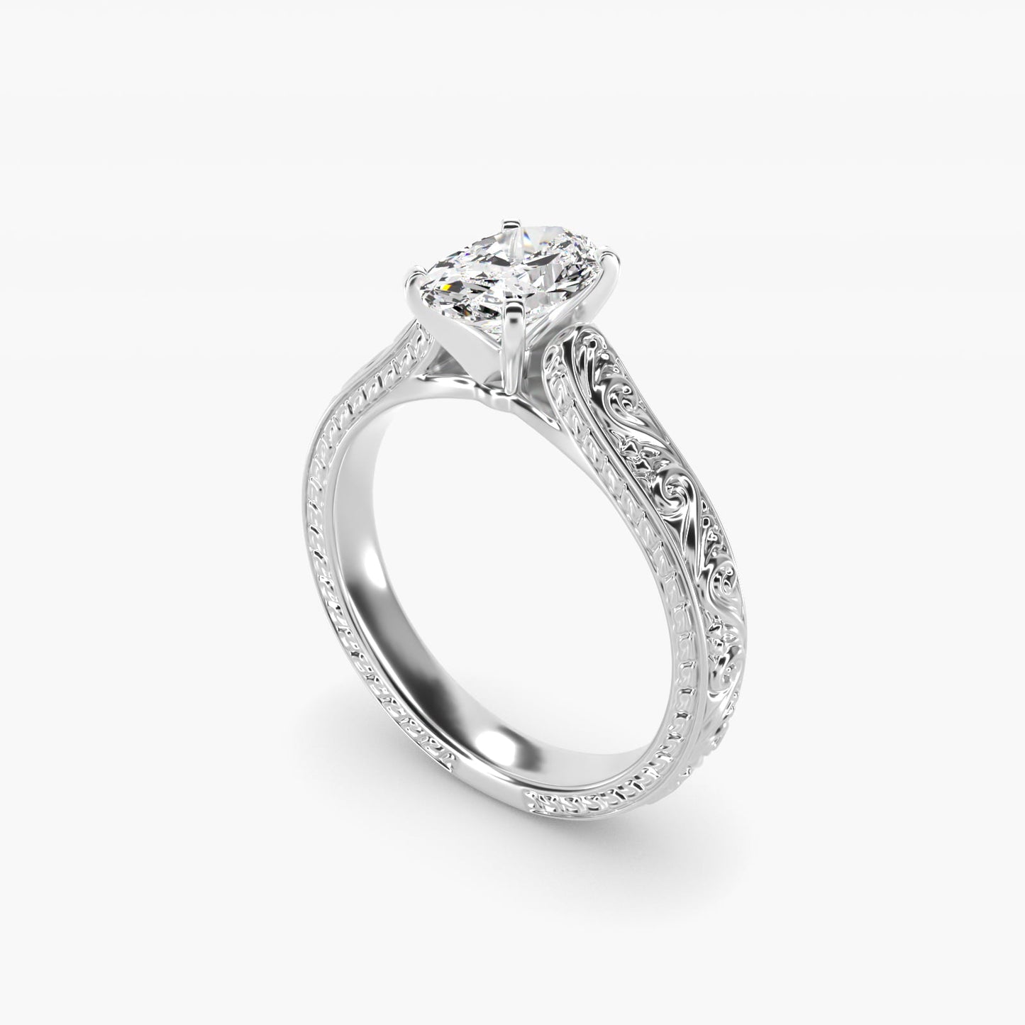Hand-Engraved Solitaire Engagement Ring in 14K White Gold - Oval Center