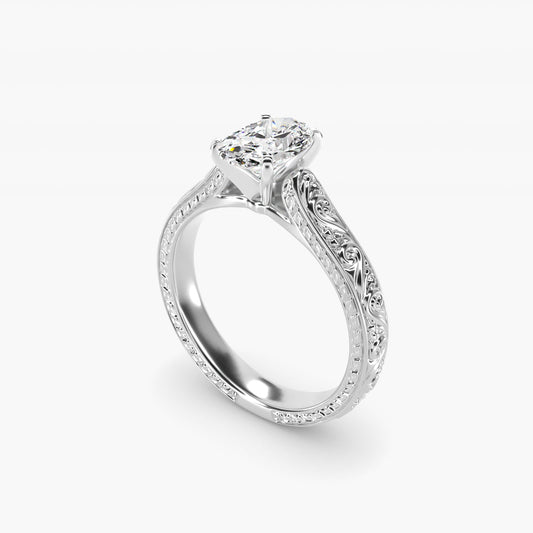 Hand-Engraved Solitaire Engagement Ring in 18k White Gold - Oval Center
