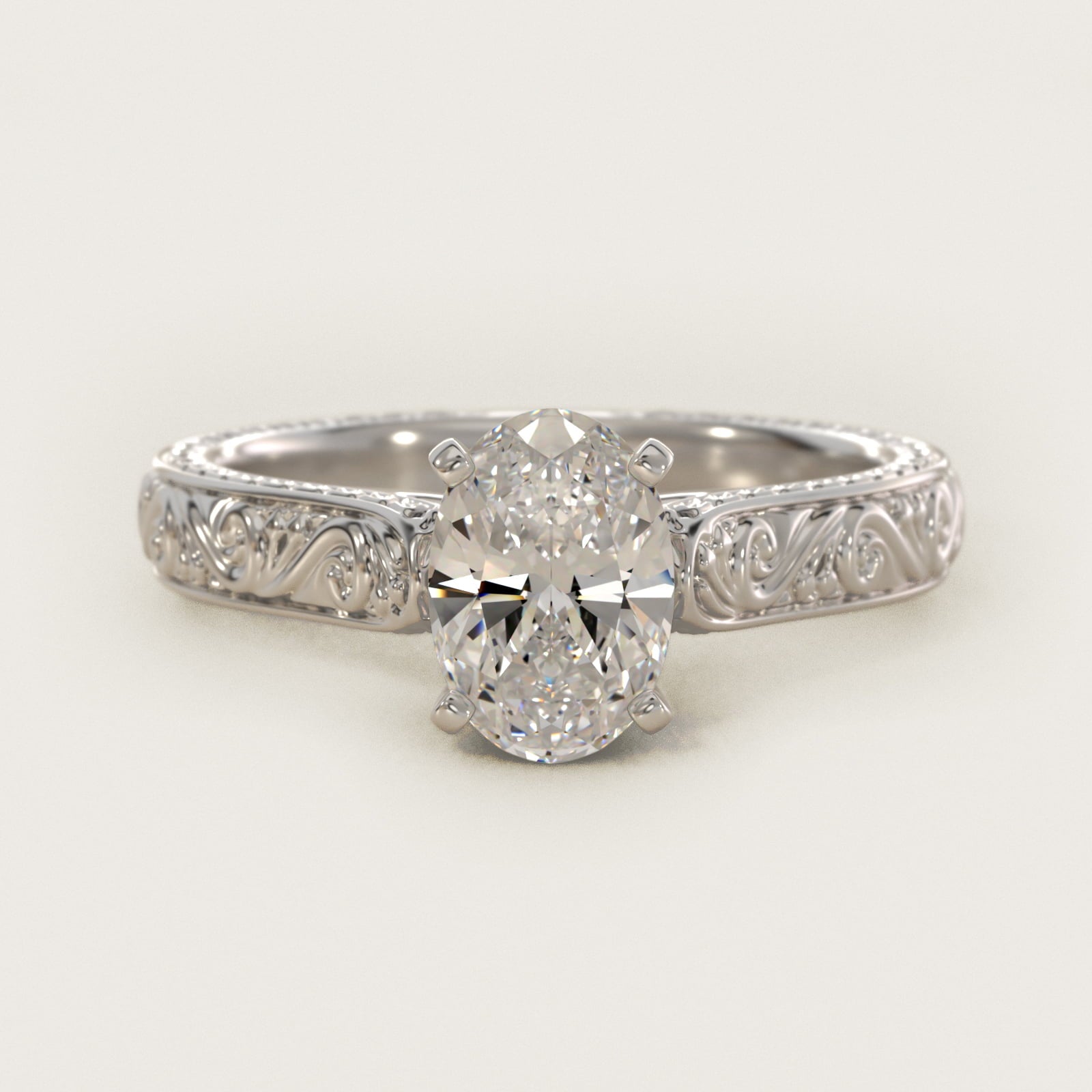 Hand-Engraved Solitaire Engagement Ring in 14K White Gold - Oval Center