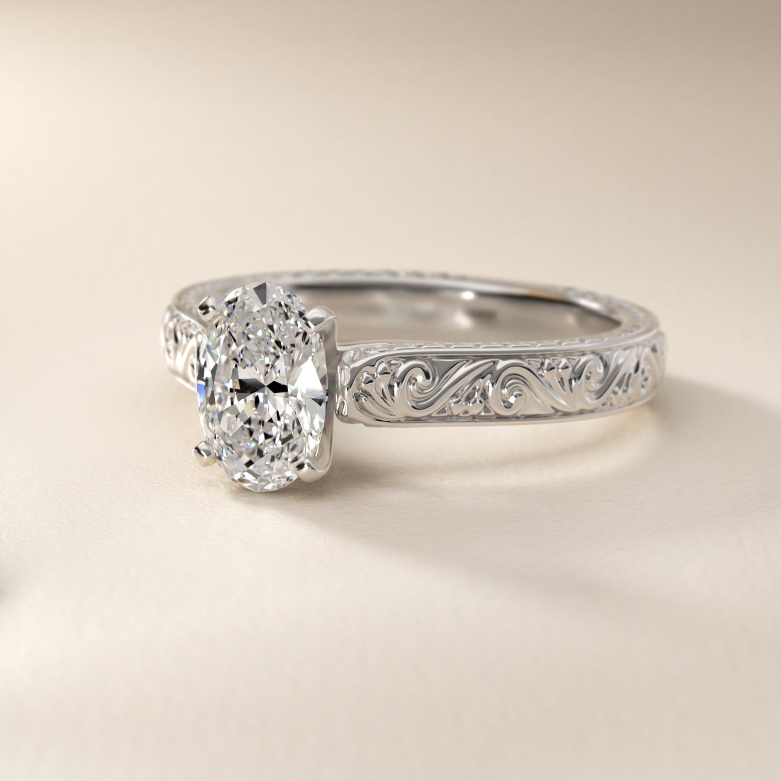 Hand-Engraved Solitaire Engagement Ring in 18k White Gold - Oval Center