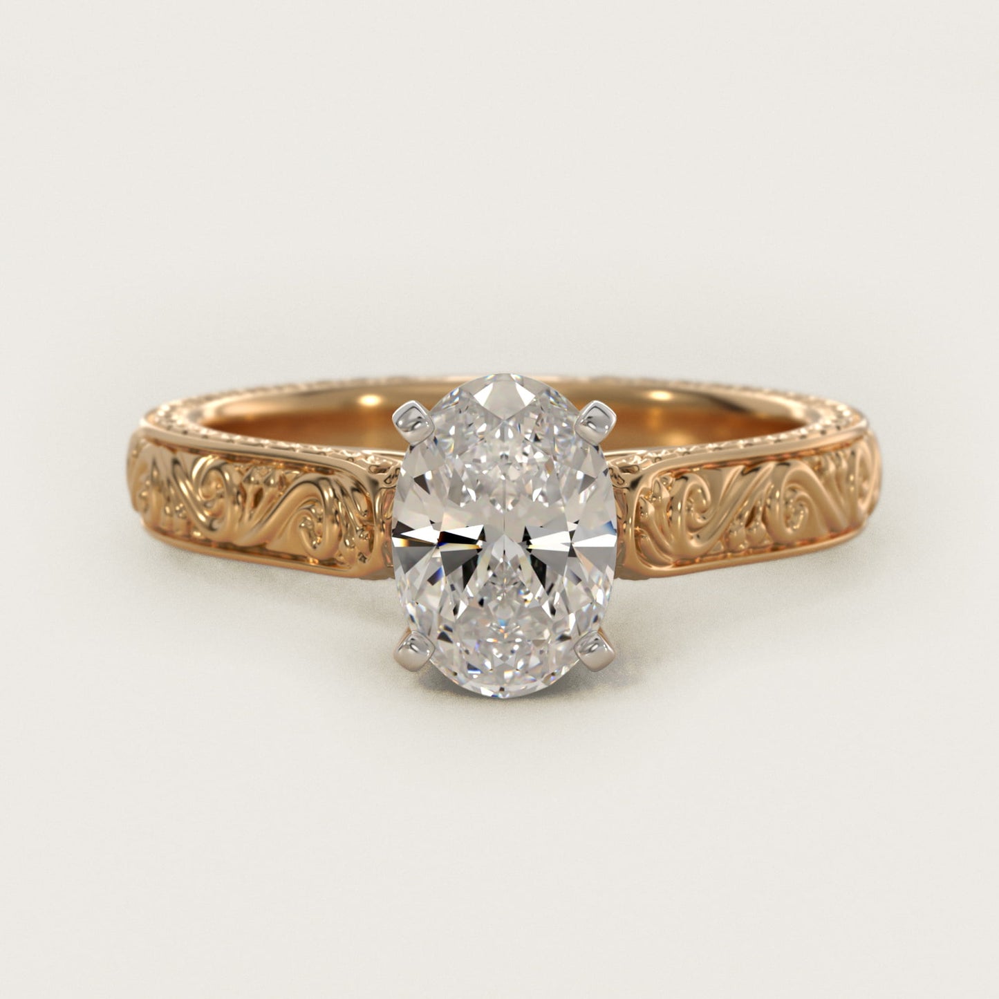 Hand-Engraved Solitaire Engagement Ring in 14K Yellow Gold - Oval Center