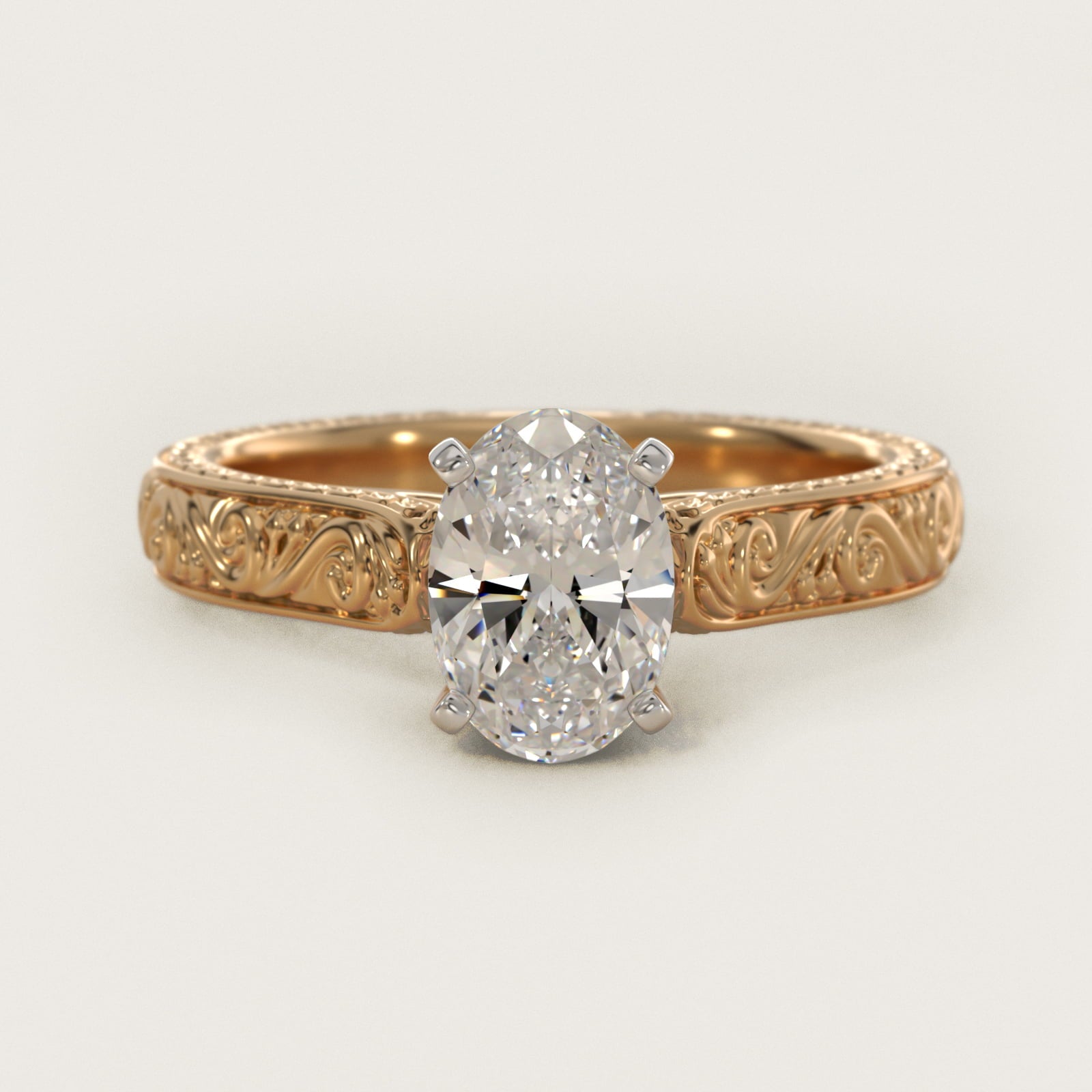Hand-Engraved Solitaire Engagement Ring in 14K Yellow Gold - Oval Center