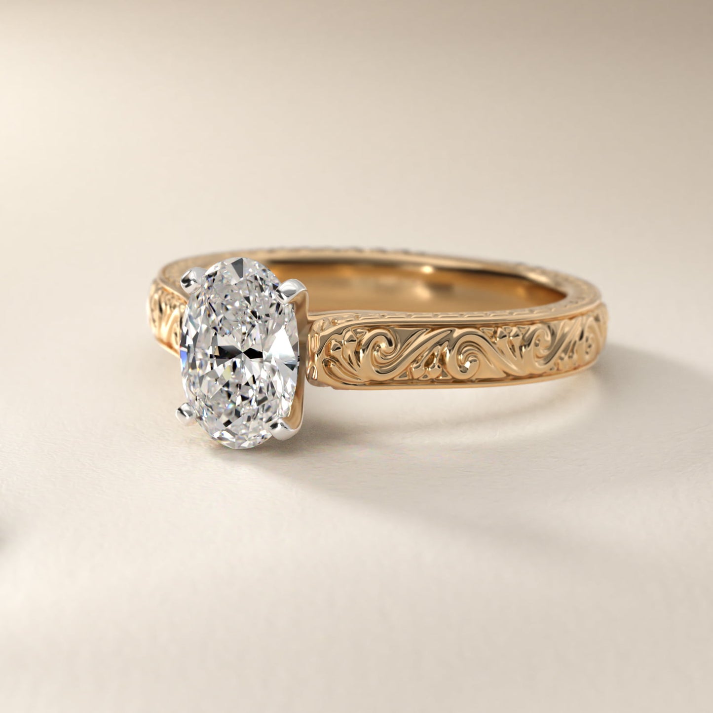 Hand-Engraved Solitaire Engagement Ring in 14K Yellow Gold - Oval Center