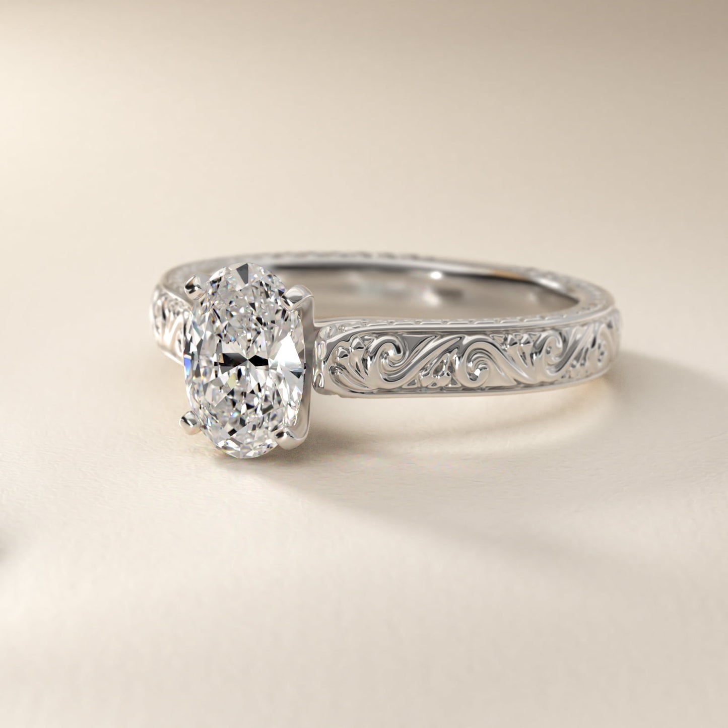 Hand-Engraved Solitaire Engagement Ring in Platinum - Oval Center