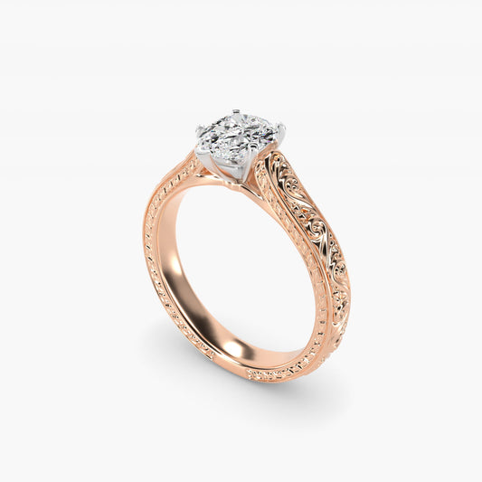 Hand-Engraved Solitaire Engagement Ring in 18k Rose Gold - Pear Center