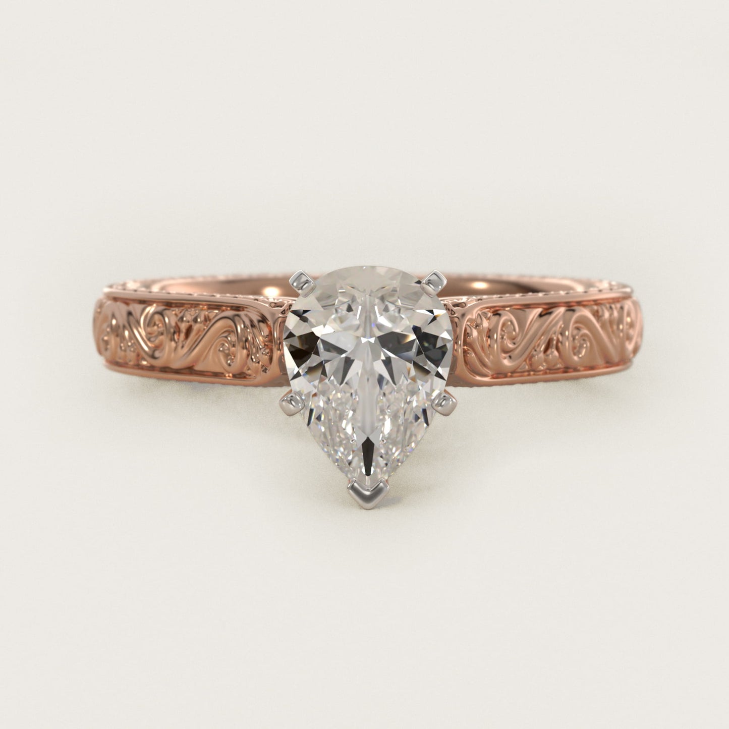 Hand-Engraved Solitaire Engagement Ring in 18k Rose Gold - Pear Center