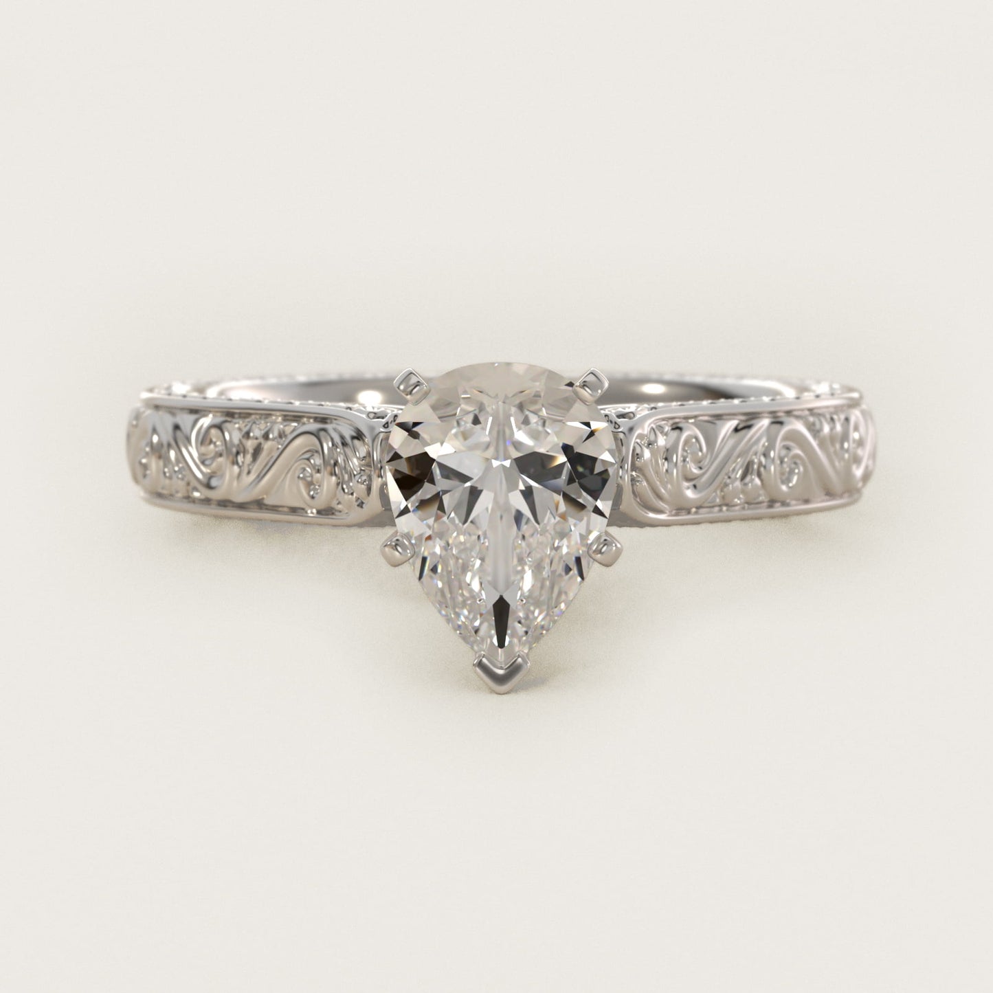 Hand-Engraved Solitaire Engagement Ring in 18k White Gold - Pear Center