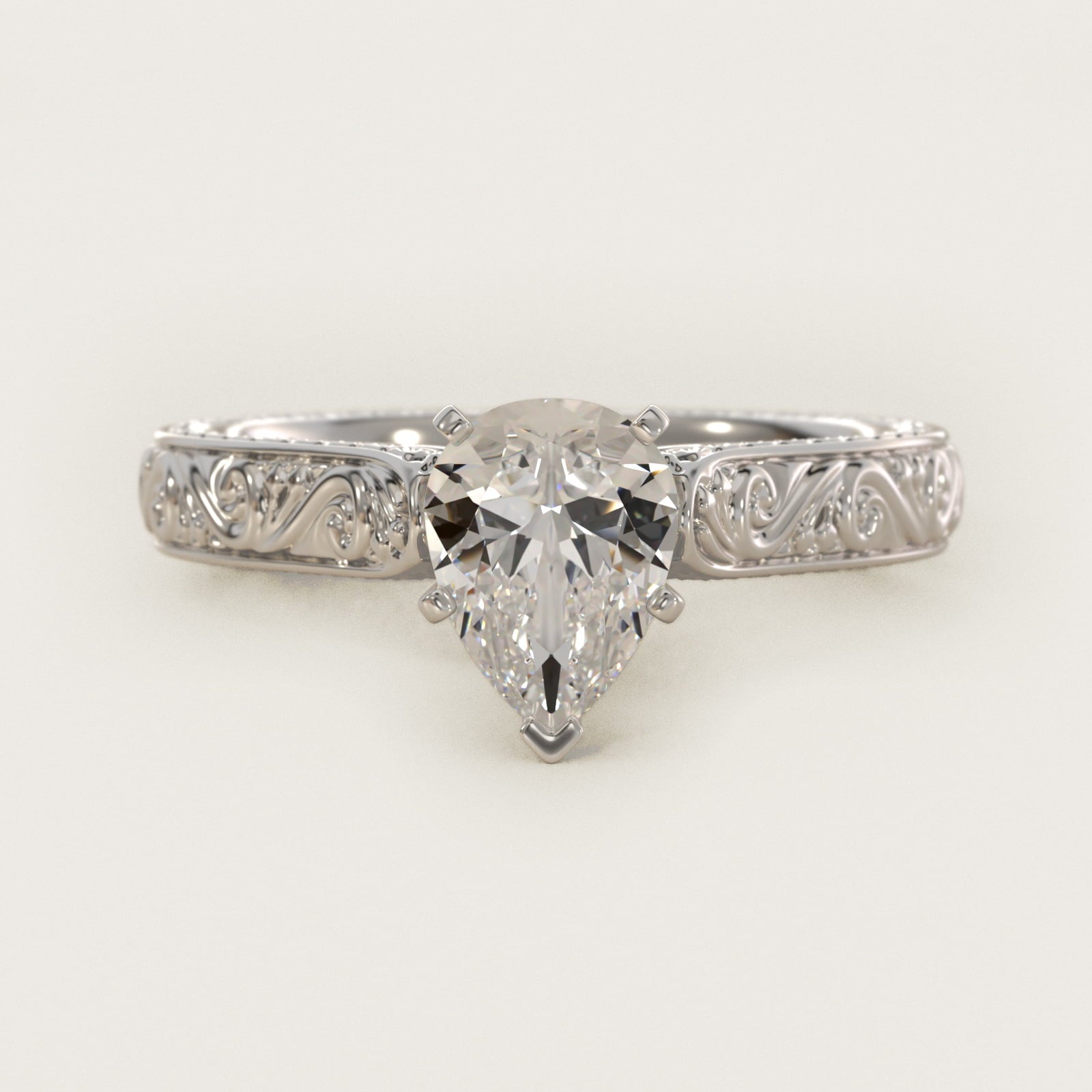 Hand-Engraved Solitaire Engagement Ring in 18k White Gold - Pear Center