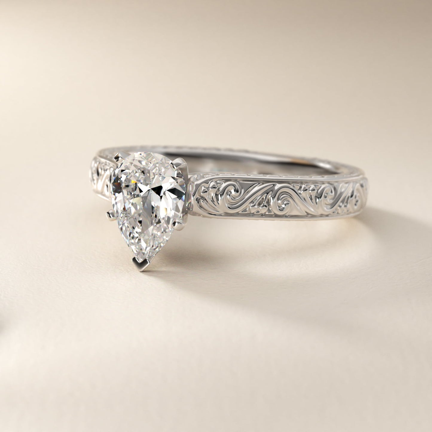 Hand-Engraved Solitaire Engagement Ring in 14K White Gold - Pear Center