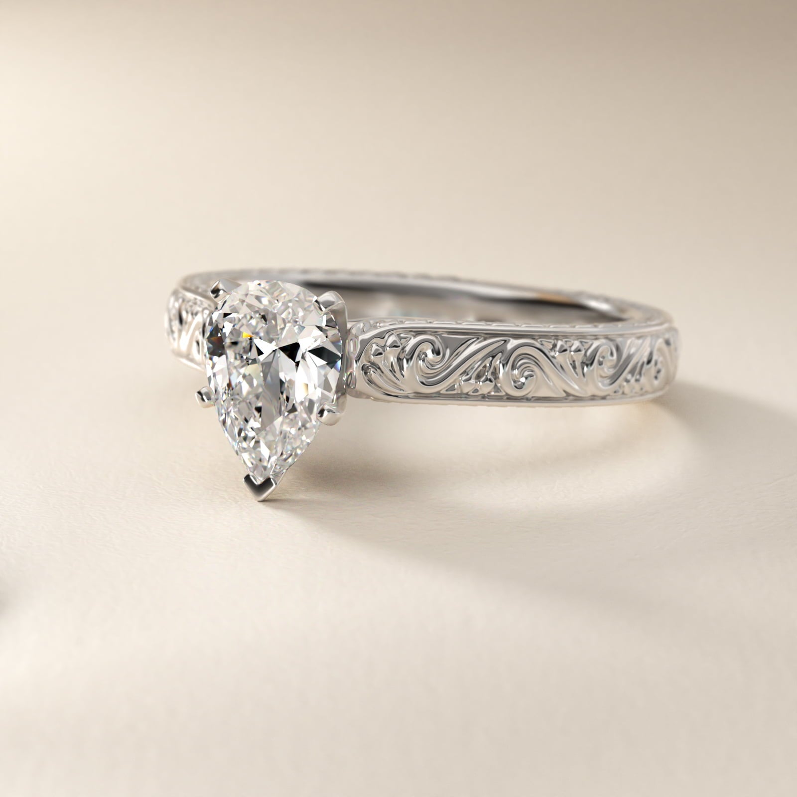 Hand-Engraved Solitaire Engagement Ring in 14K White Gold - Pear Center