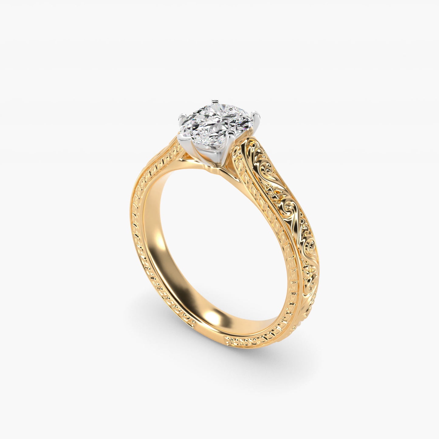 Hand-Engraved Solitaire Engagement Ring in 14K Yellow Gold - Pear Center