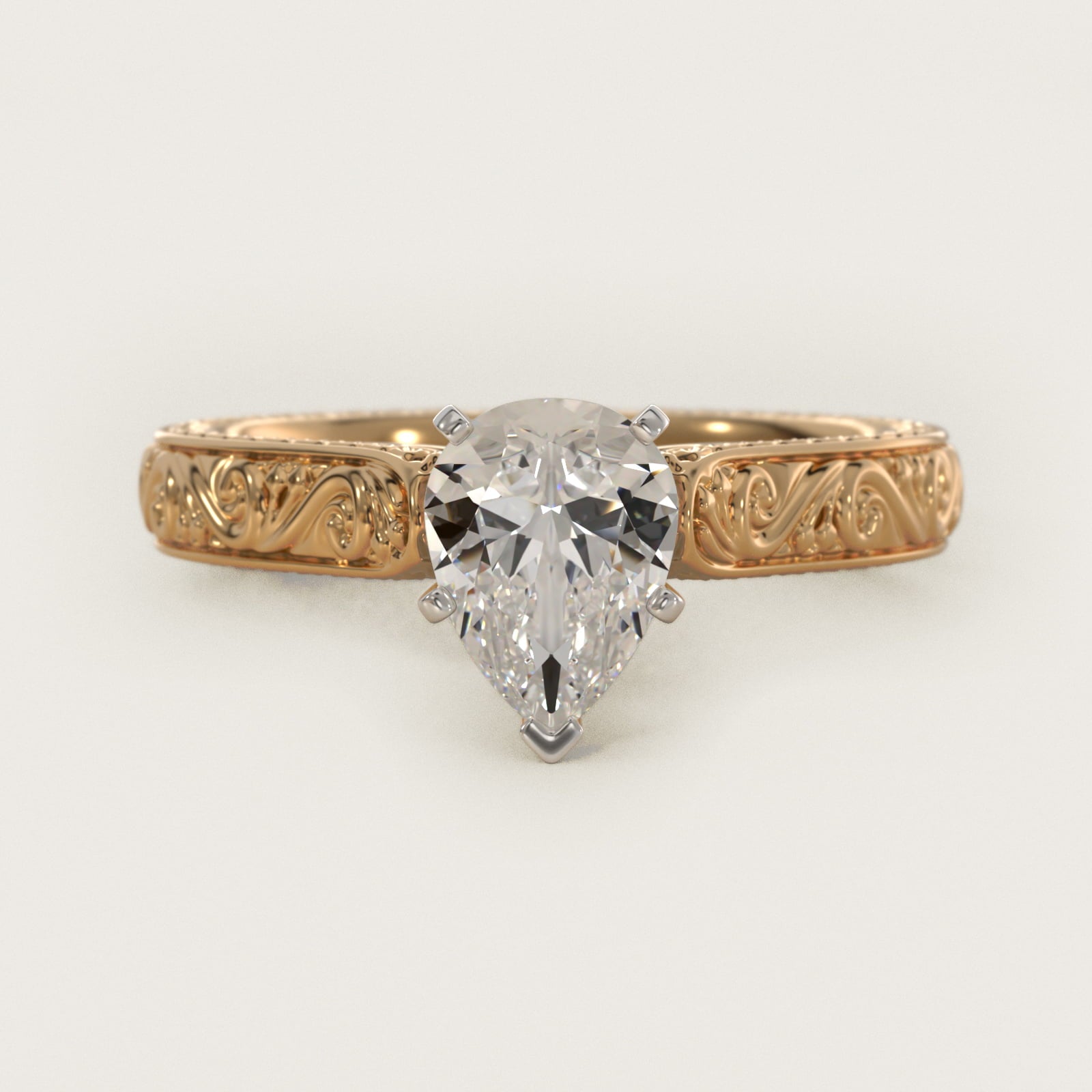 Hand-Engraved Solitaire Engagement Ring in 14K Yellow Gold - Pear Center