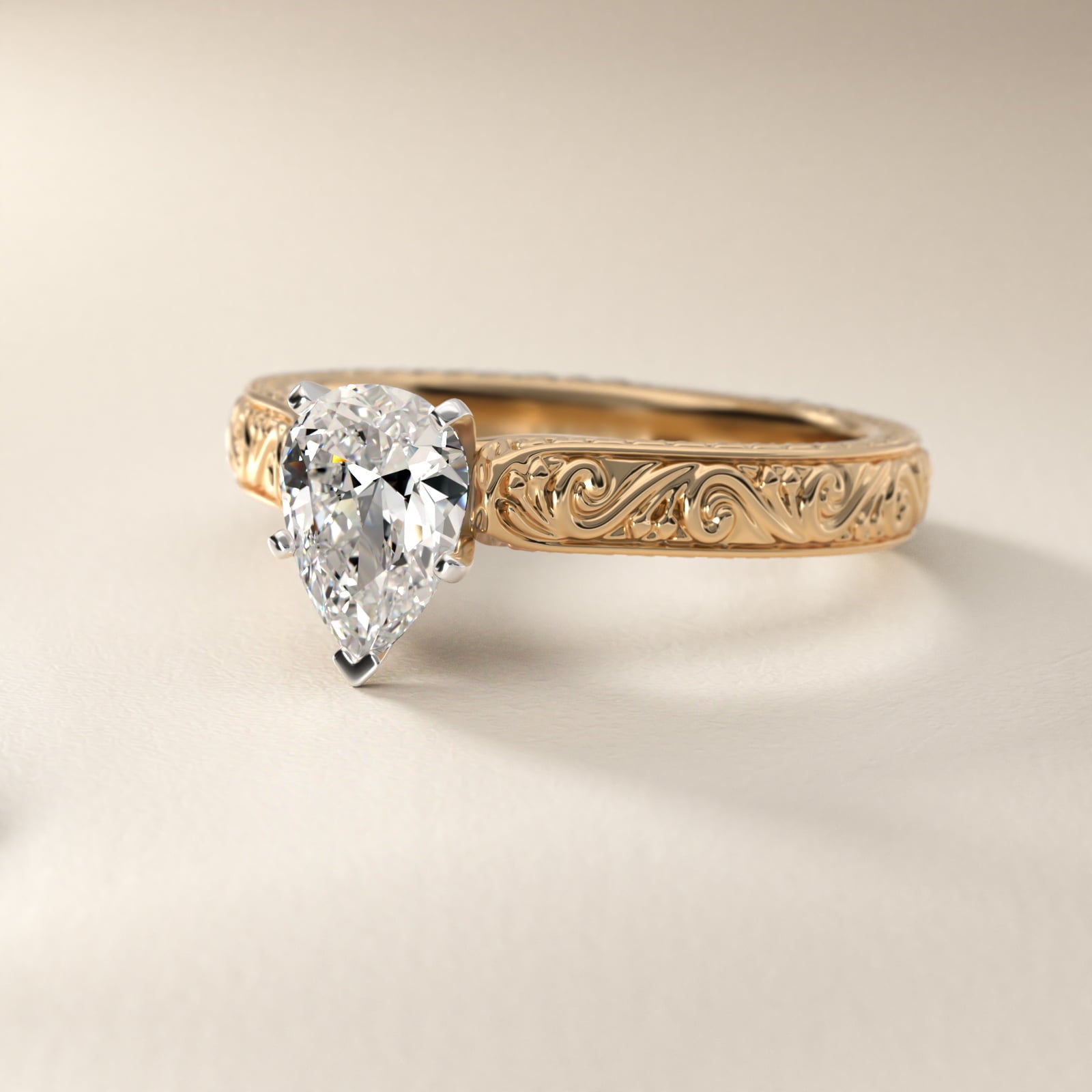 Hand-Engraved Solitaire Engagement Ring in 18k Yellow Gold - Pear Center