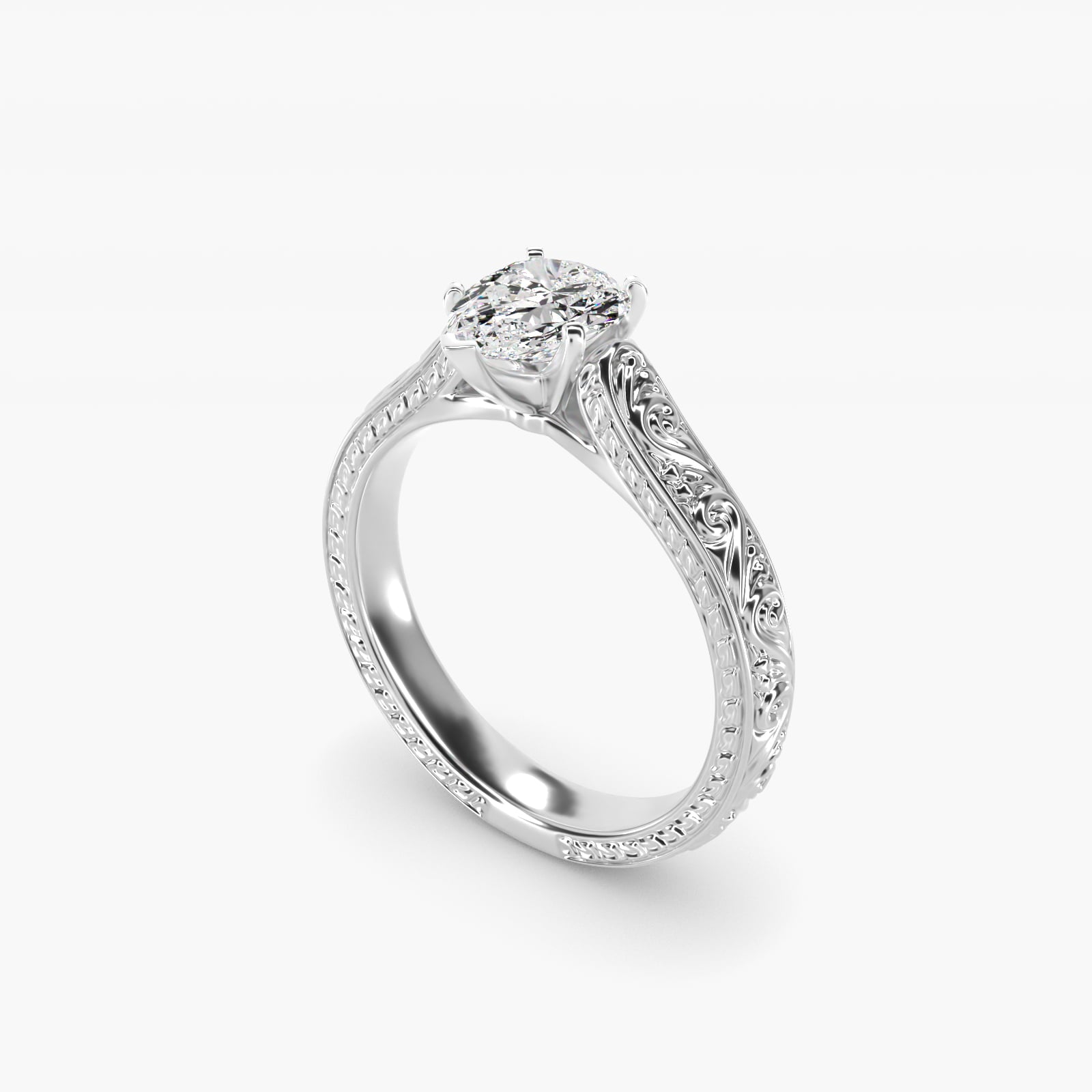 Hand-Engraved Solitaire Engagement Ring in Platinum - Pear Center