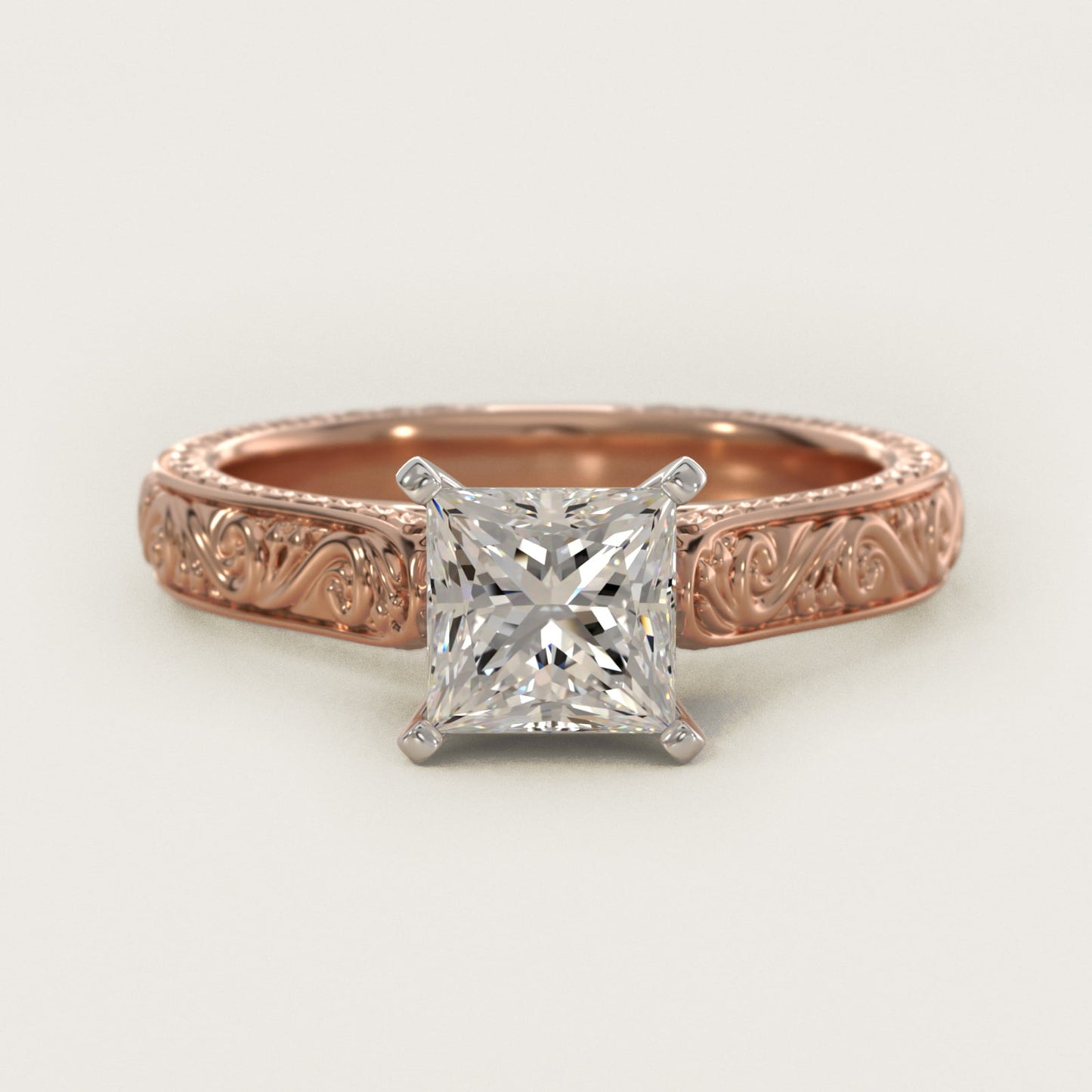 Hand-Engraved Solitaire Engagement Ring in 14k Rose Gold - Princess Center